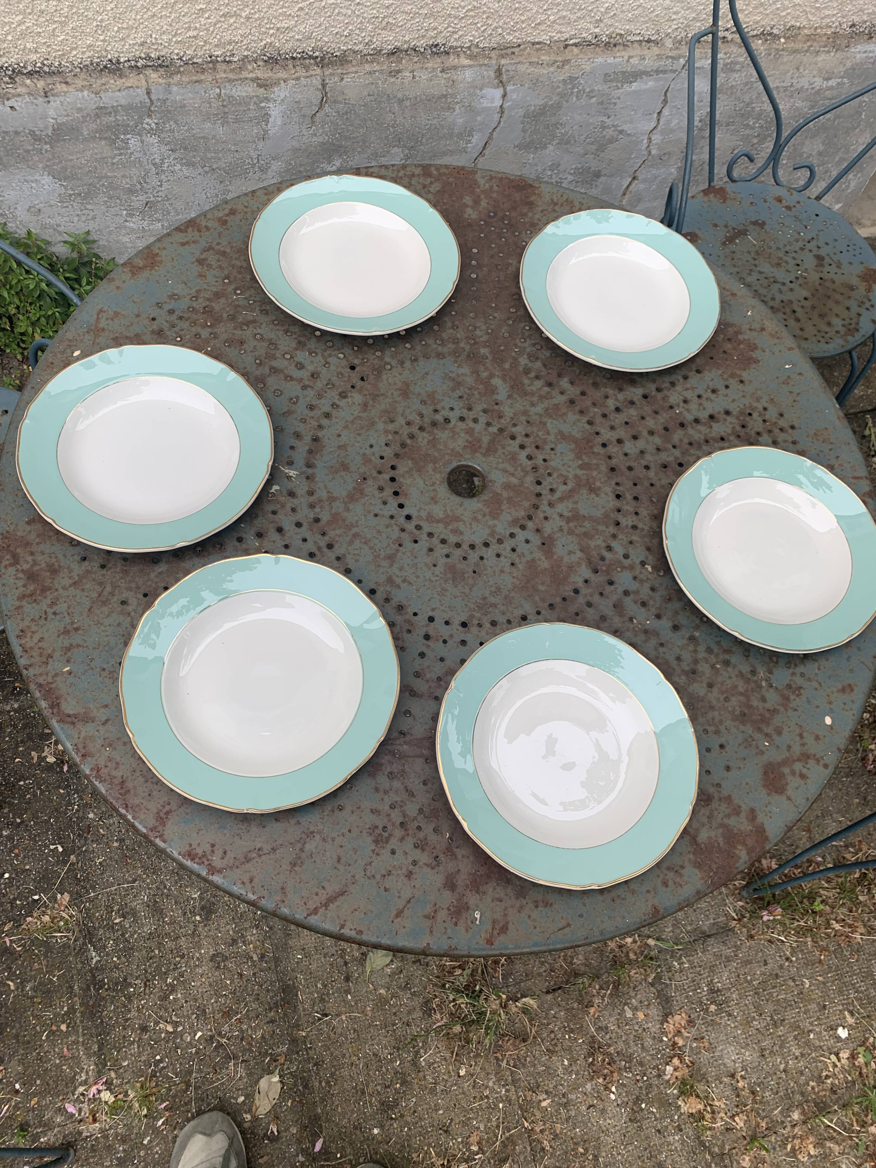 6 hollow plates in semi porcelain ceranord france white and mint, vintage and collector
