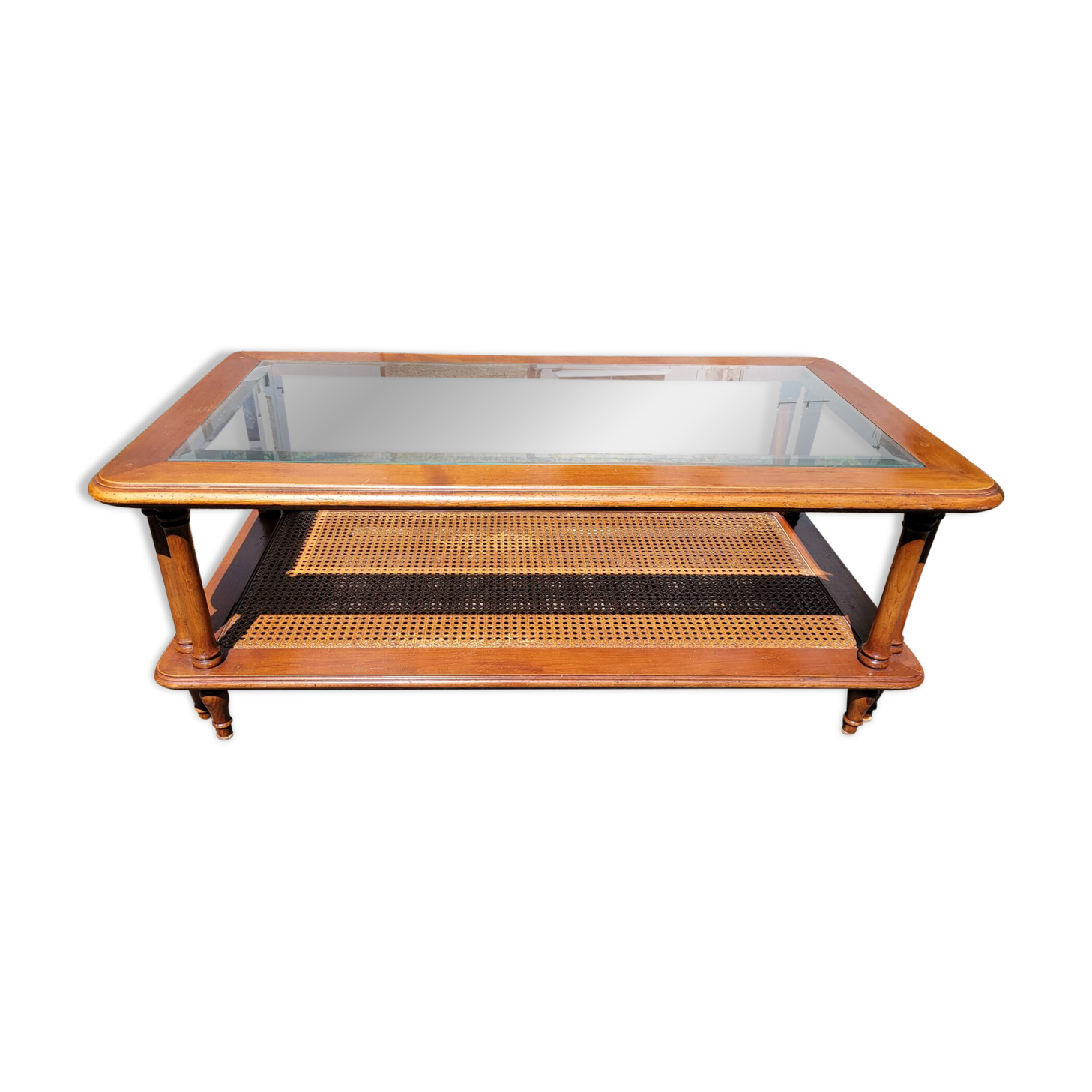 Coffee table in cherry wood, glass and caning.