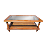 Table basse en merisier, verre et cannage