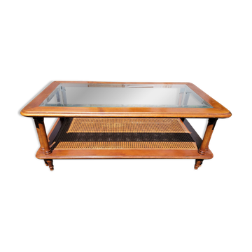 Coffee table in cherry wood, glass and caning.
