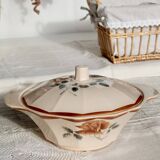 Antique pink earthenware soup tureen - Red floral decoration - Digoin