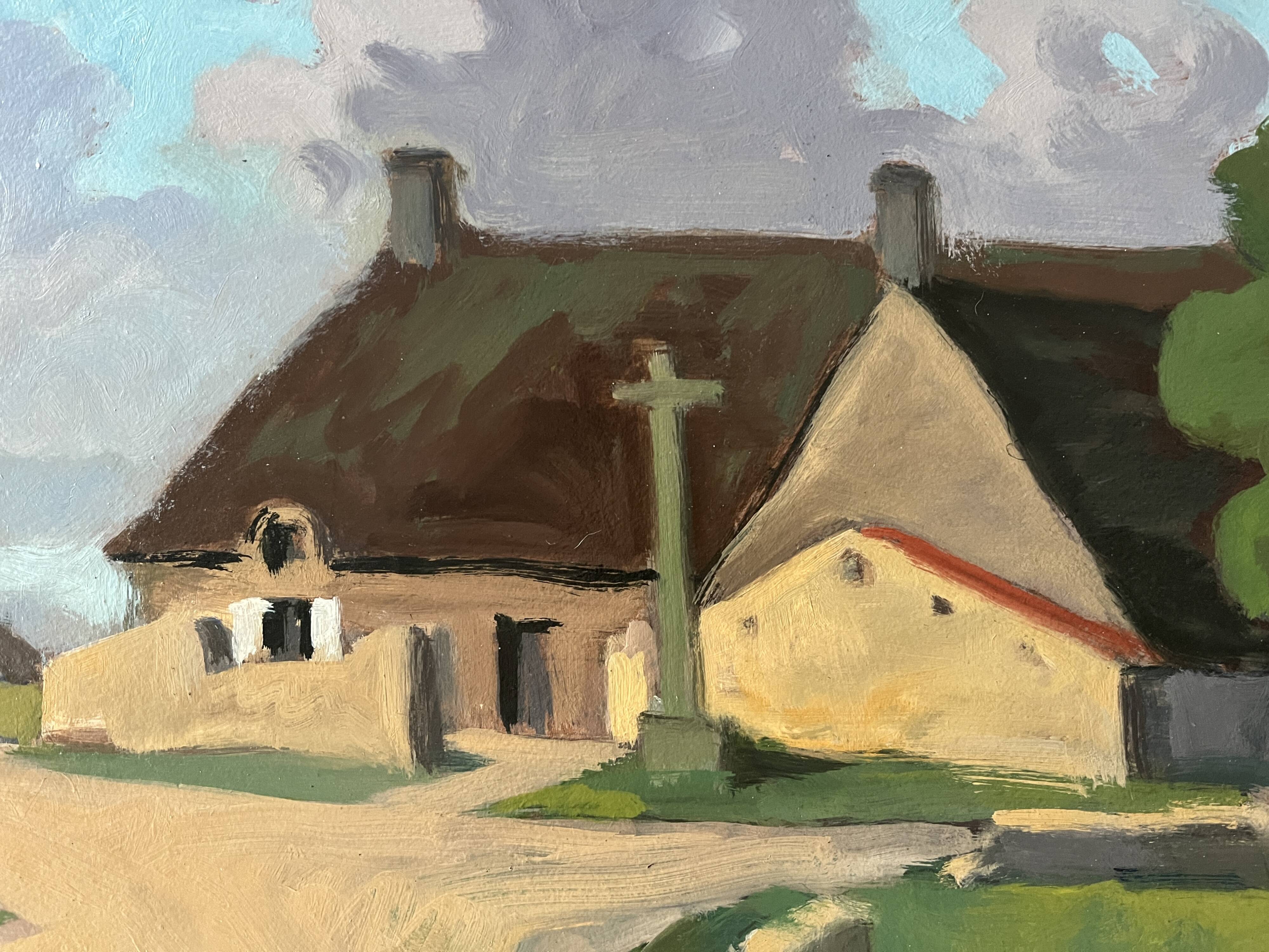 Large oil on panel of a Breton landscape 1950, antique painting signed.