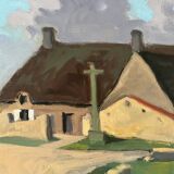 Large oil on panel of a Breton landscape 1950, antique painting signed.