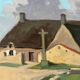 Large oil on panel of a Breton landscape 1950, antique painting signed.