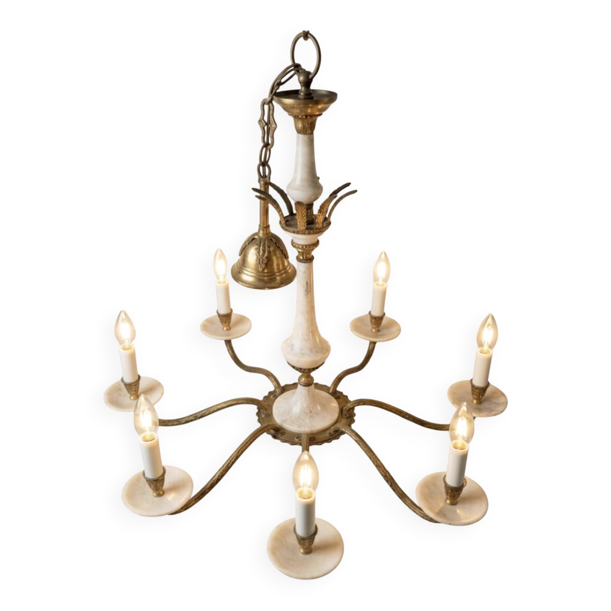 Lustre with 8 light arms in Hollywood Regency style – Gold brass and marble