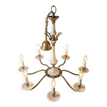 Lustre with 8 light arms in Hollywood Regency style – Gold brass and marble