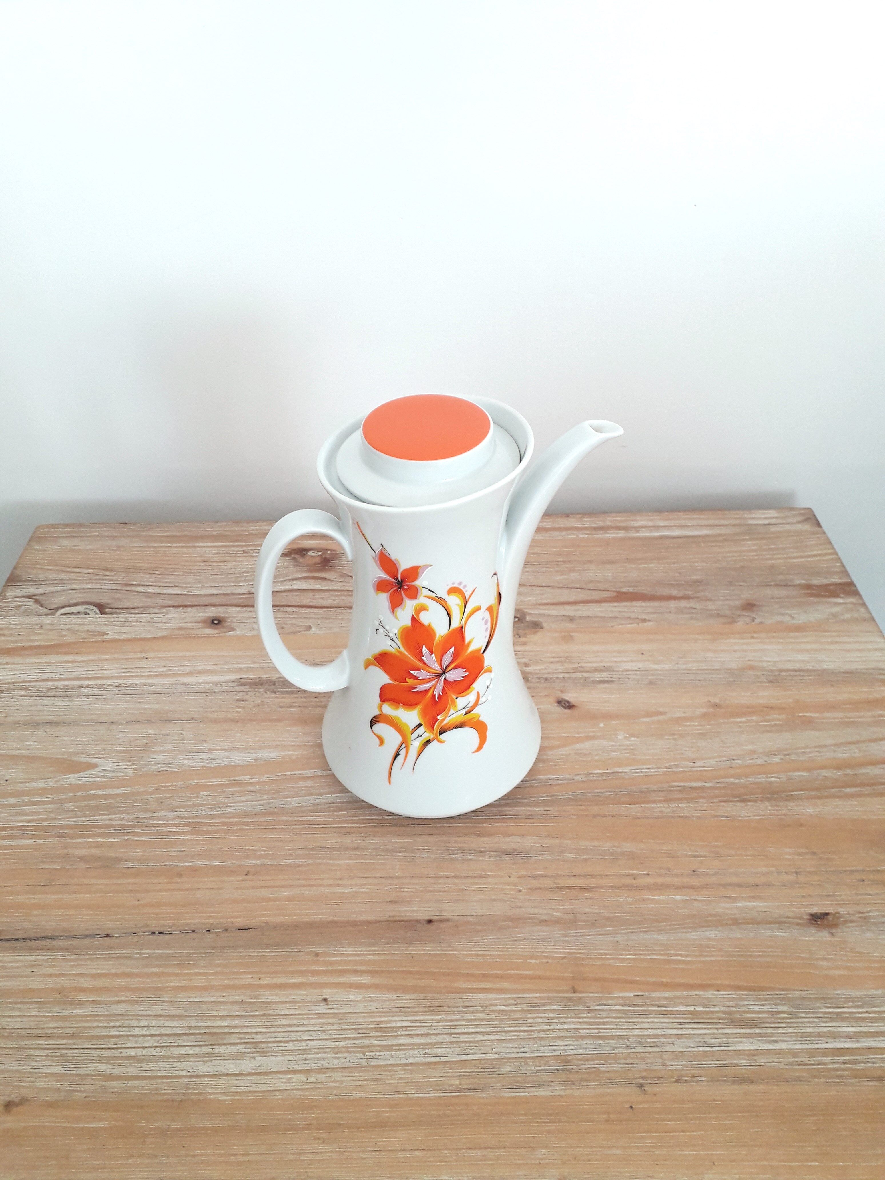 Vintage teapot / coffee maker - Bavarian porcelain - Orange flower décor - 1970