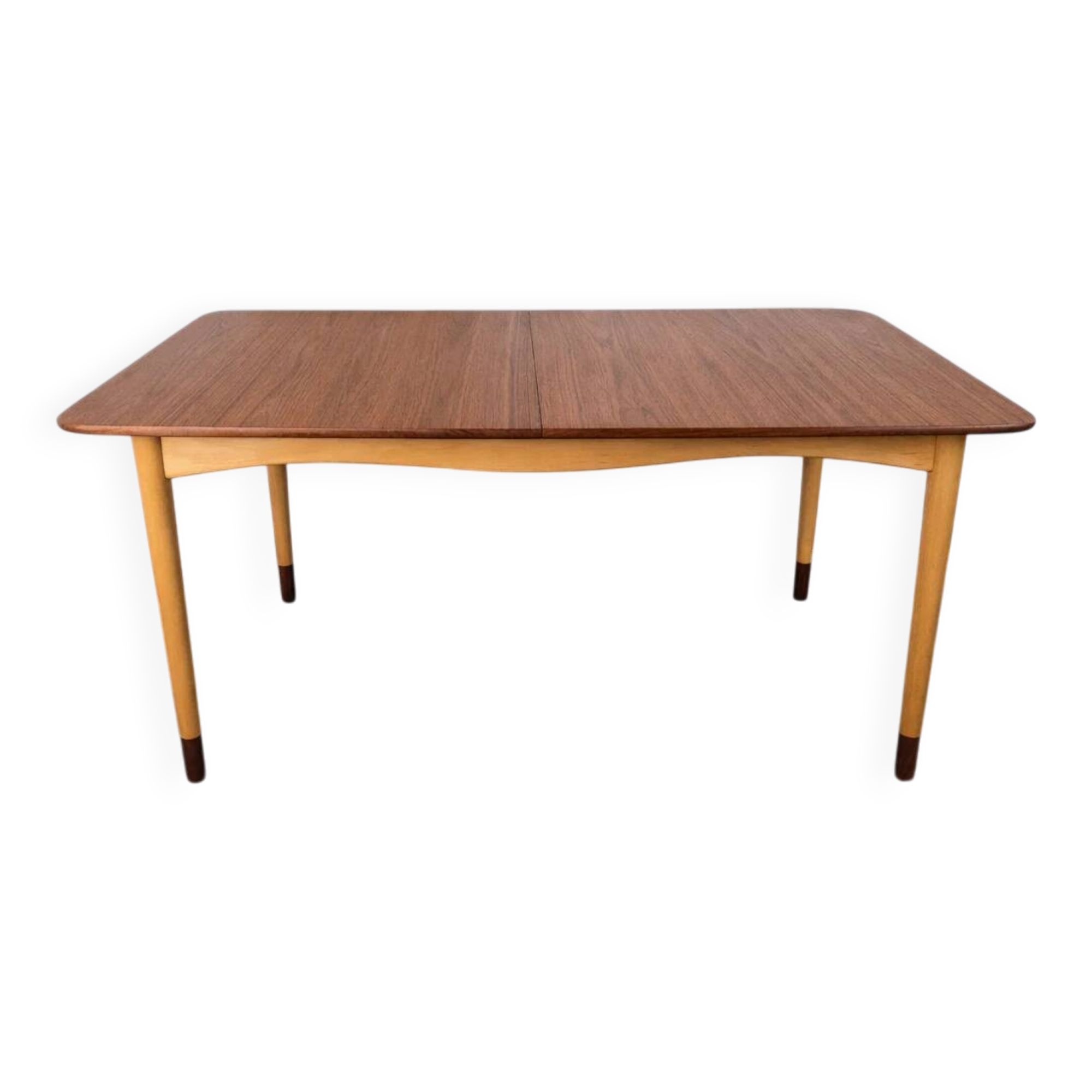 Rare teak and maple dining table with 2 extensions by Finn Juhl for Bovirke, Denmark, 1950.