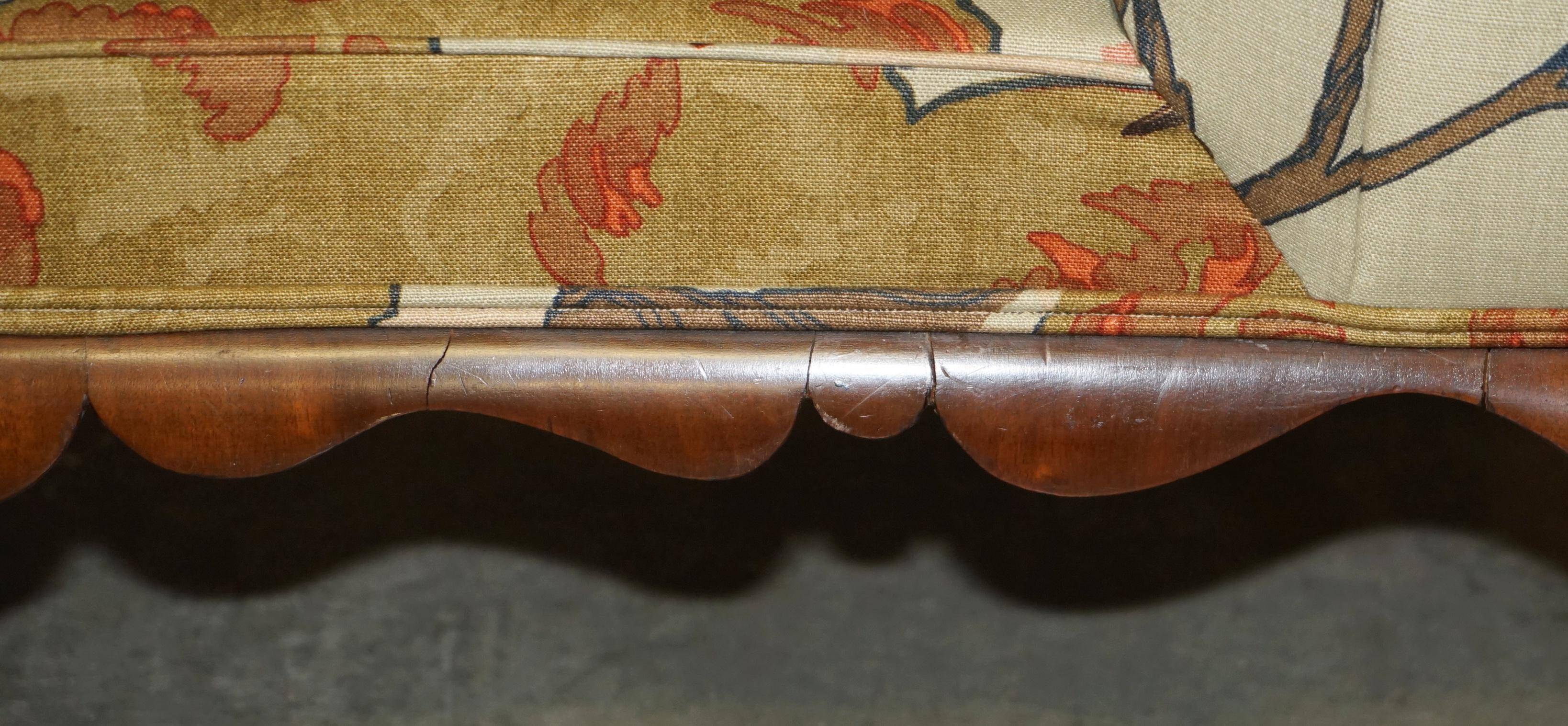 Antique banquette with cluster and ball feet, window seat in Mulberry Flying Ducks fabric.
