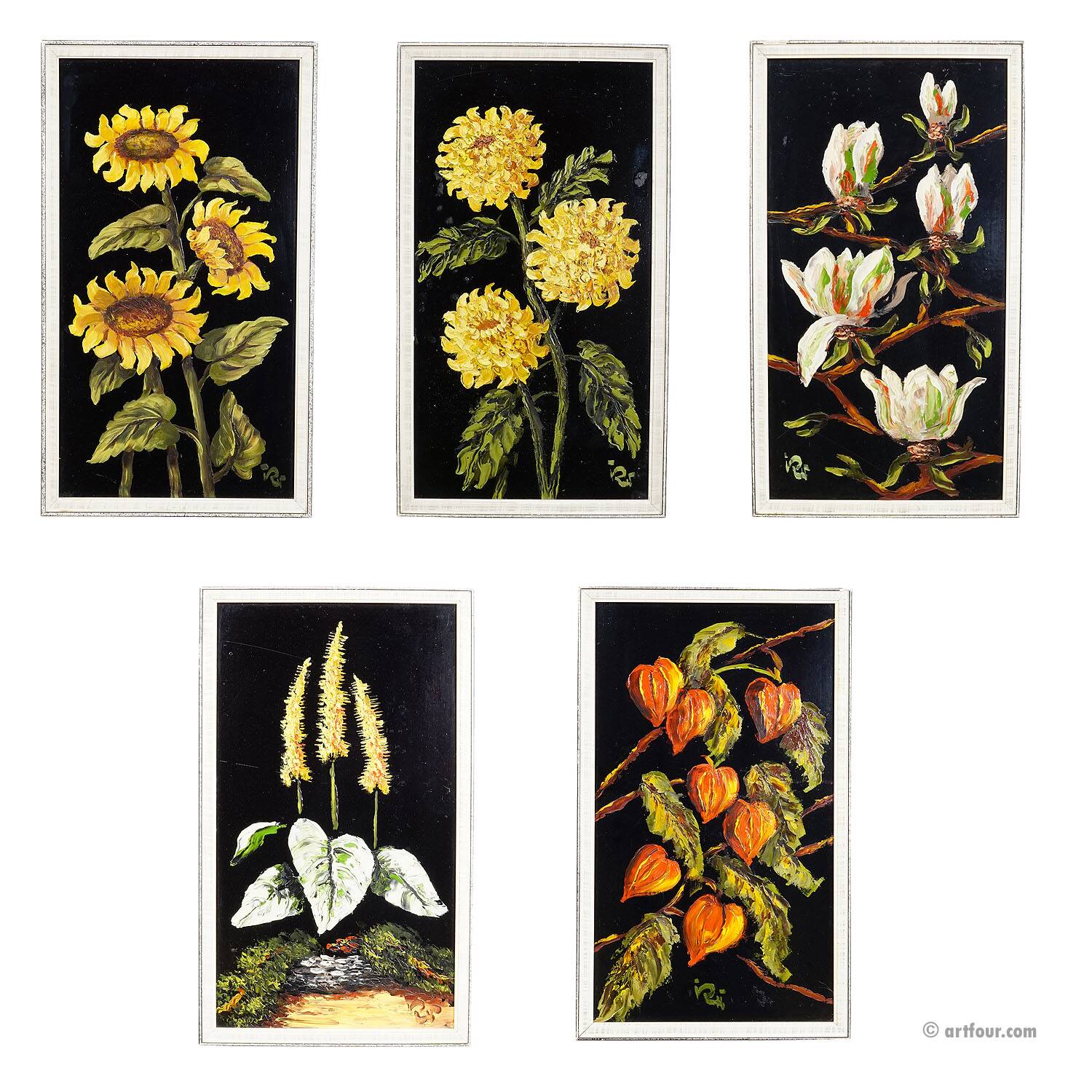 Set of five vintage flower still life paintings.