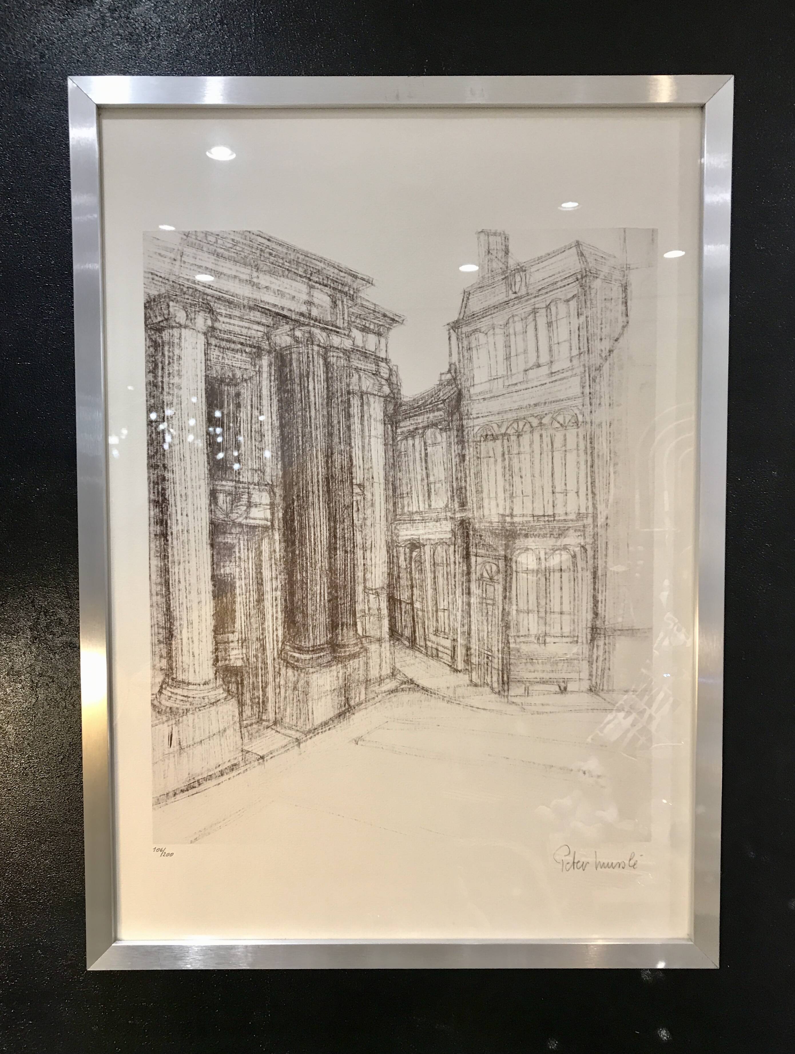 Framed drawing Palace of Justice Sarreguemines Peter Musslé numbered