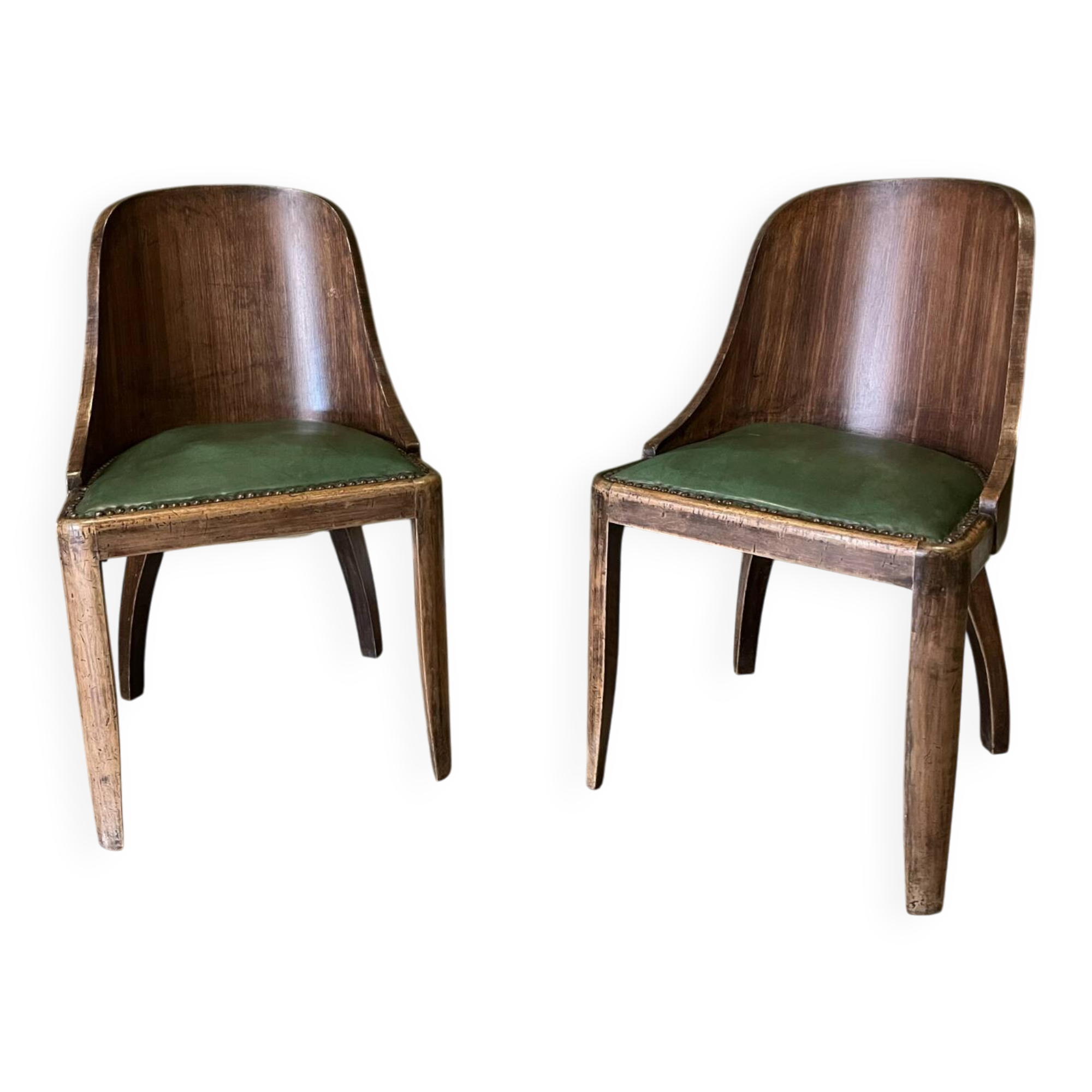 Pair of green leather gondola chairs Art Deco by De Coen