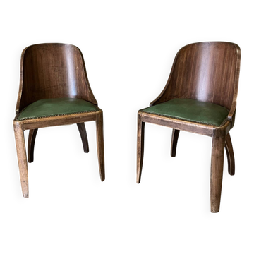 Pair of green leather gondola chairs Art Deco by De Coen