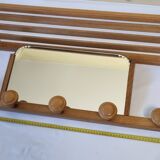 Light wood wall coat rack with tilted mirror, 5 hooks, 1960s
