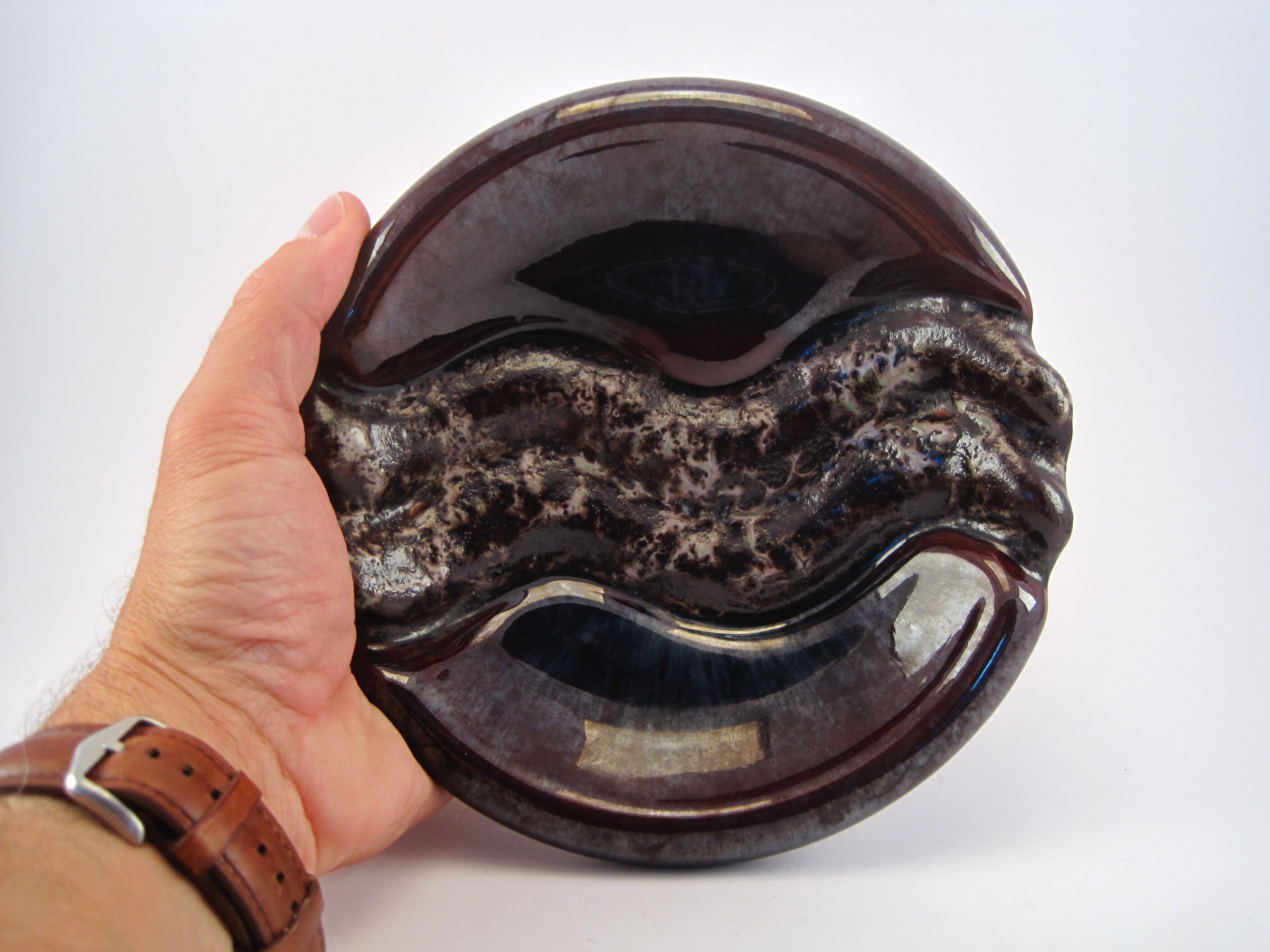 Empty ashtray pocket modernist ceramic iridescent wash VALLAURIS FRANCE circa 1950 1960