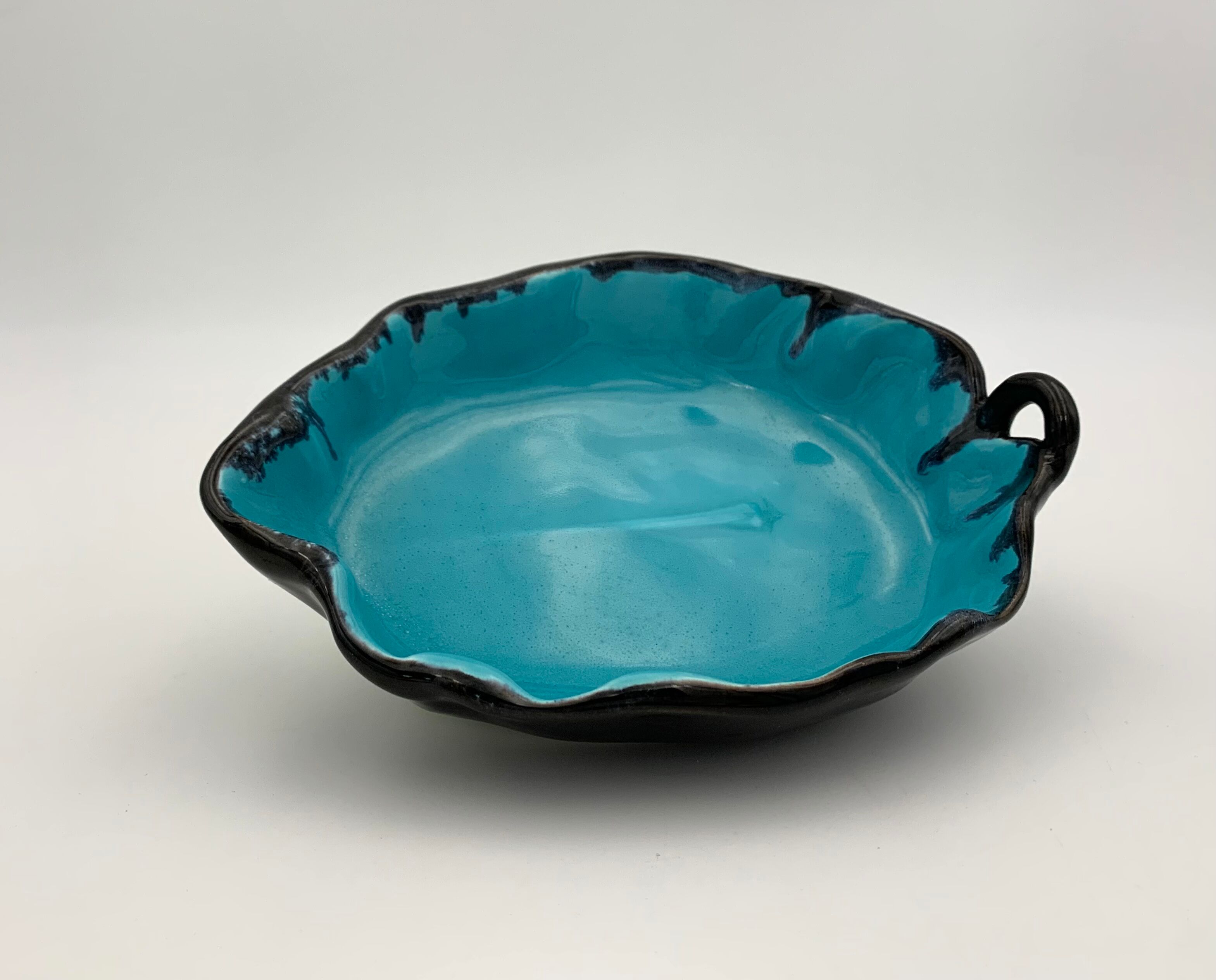 Vintage blue and black enameled ceramic trinket dish - 1960s-1970s