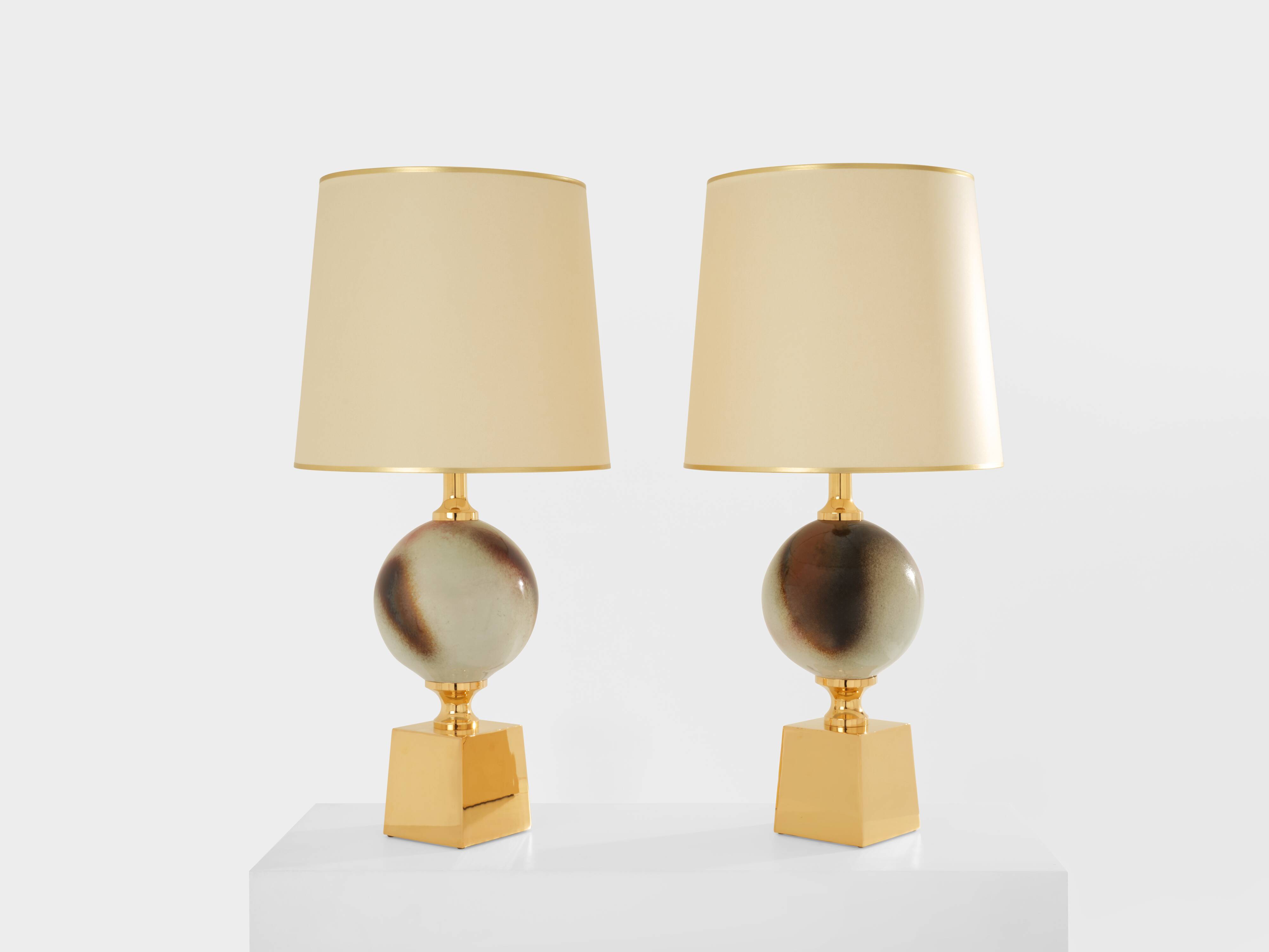 Pair of ceramic and brass lamps by Philippe Barbier, 1970s
