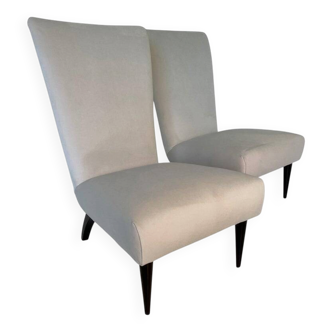 Pair of Italian Black Lacquered and White Velvet Armchairs, 1940s