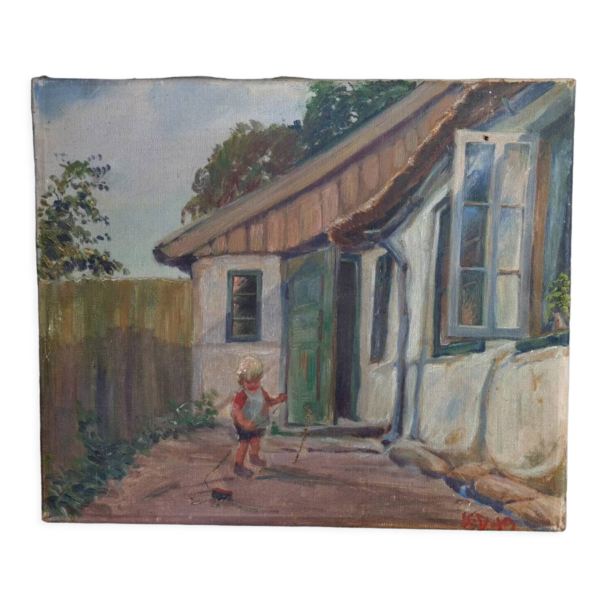 Old oil on canvas: Child playing in a courtyard, dated 1919 39x32.5 cm SB
