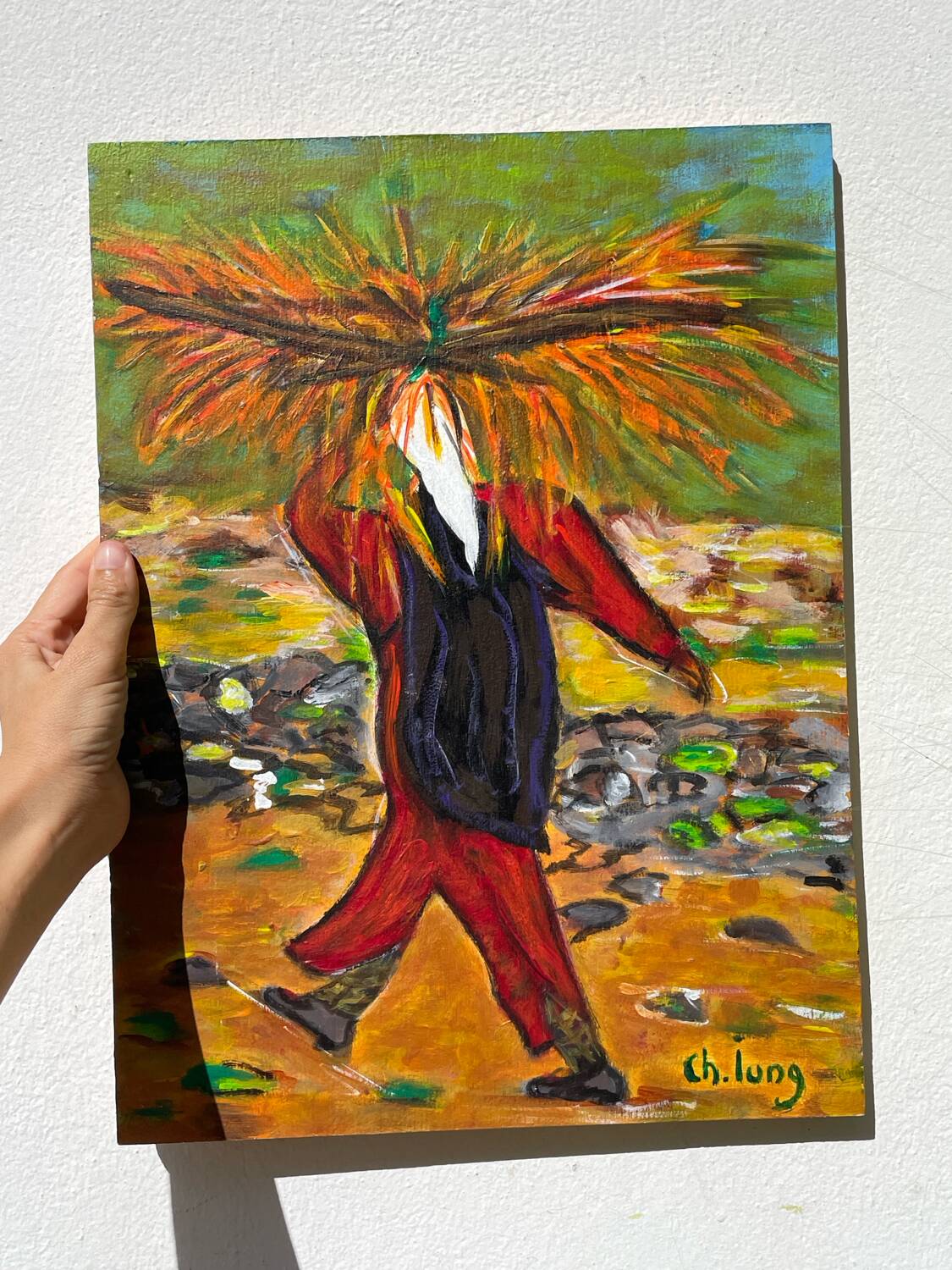 Painting of a woman in a field signed Lung