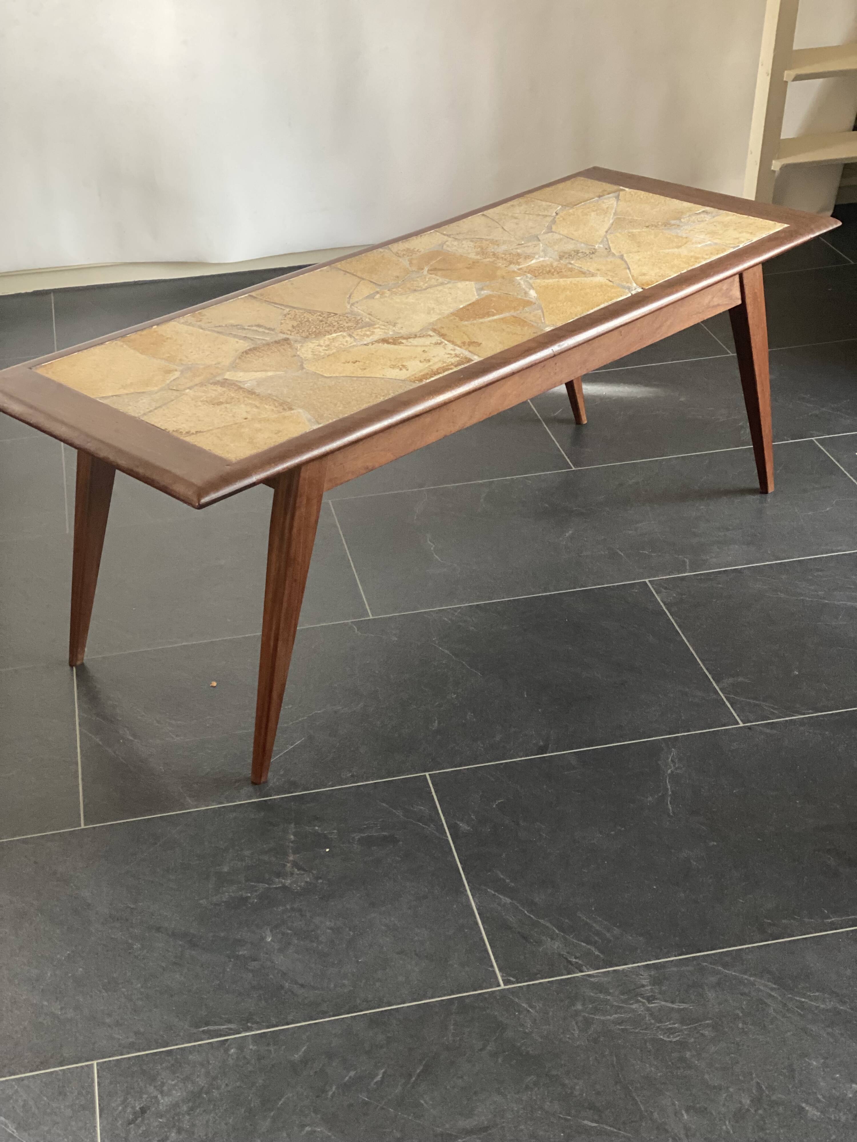 Vintage Brutalist Slate Top Salon Table