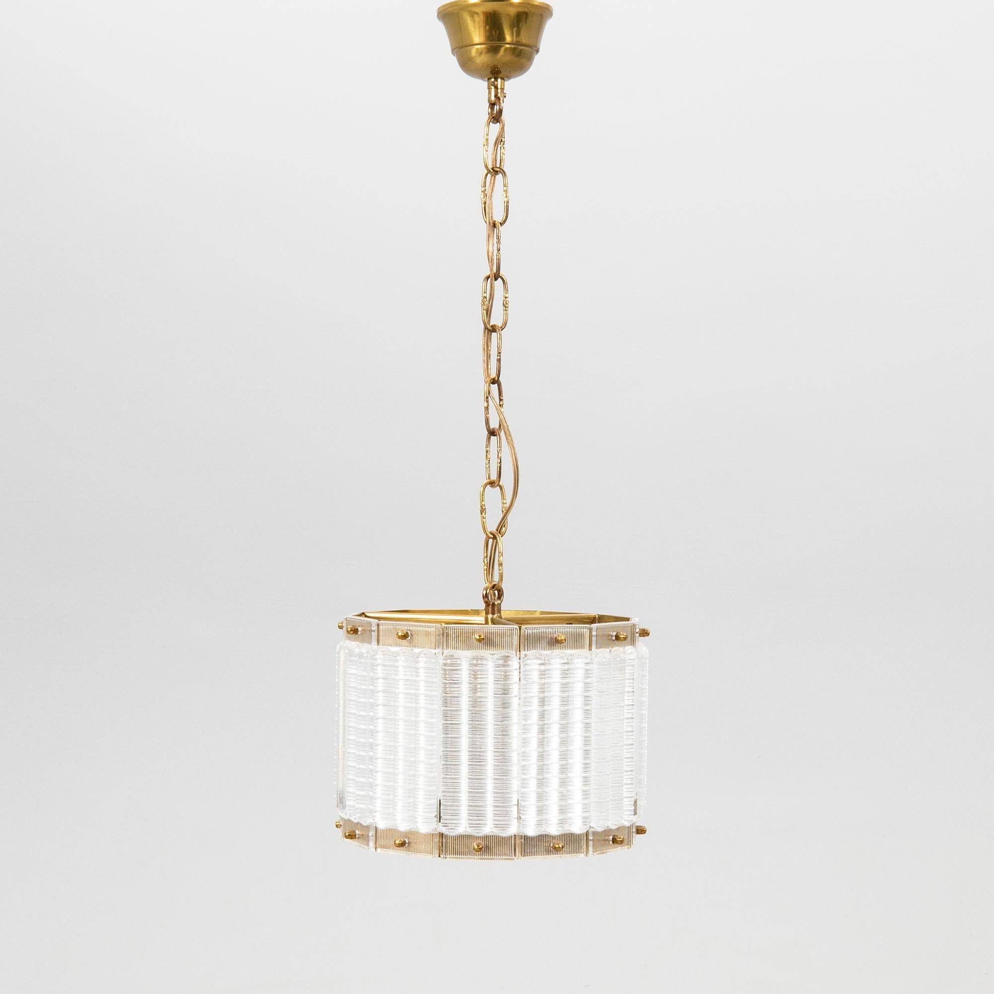 Orrefors ceiling light in brass and glass, Sweden 1960