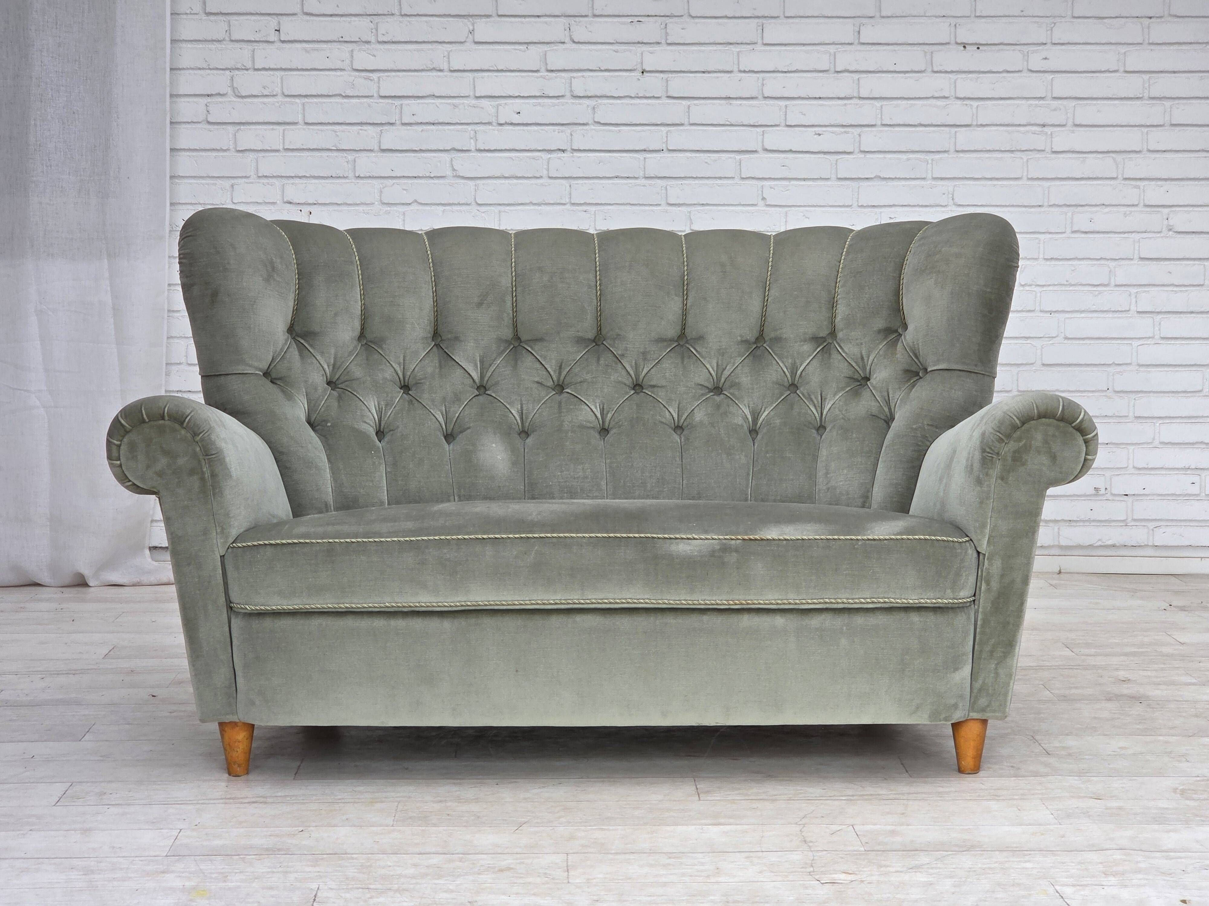 1960s, Danish 2-seater sofa. light green furniture velour.