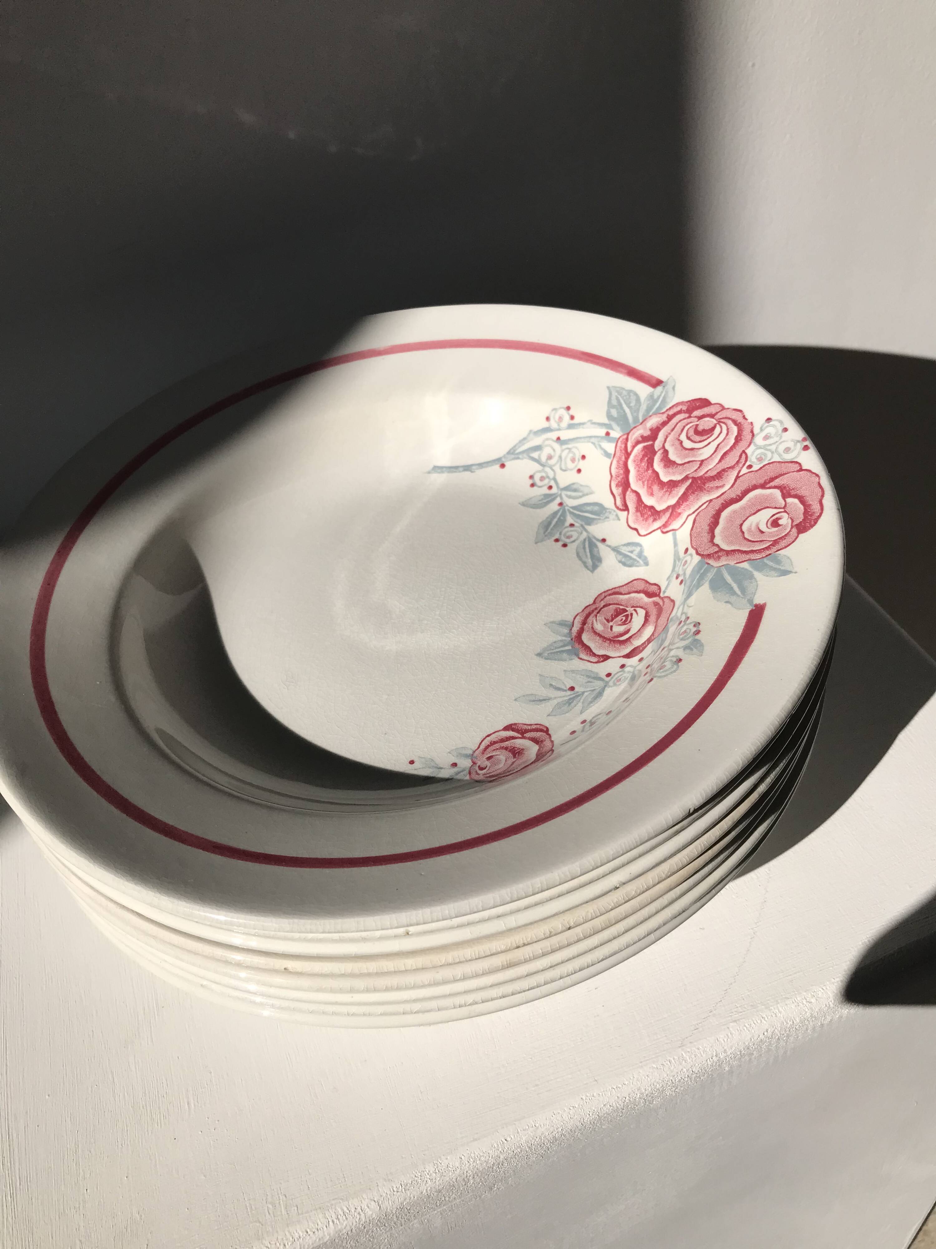 8 vintage Avranches earthenware plates decorated with roses