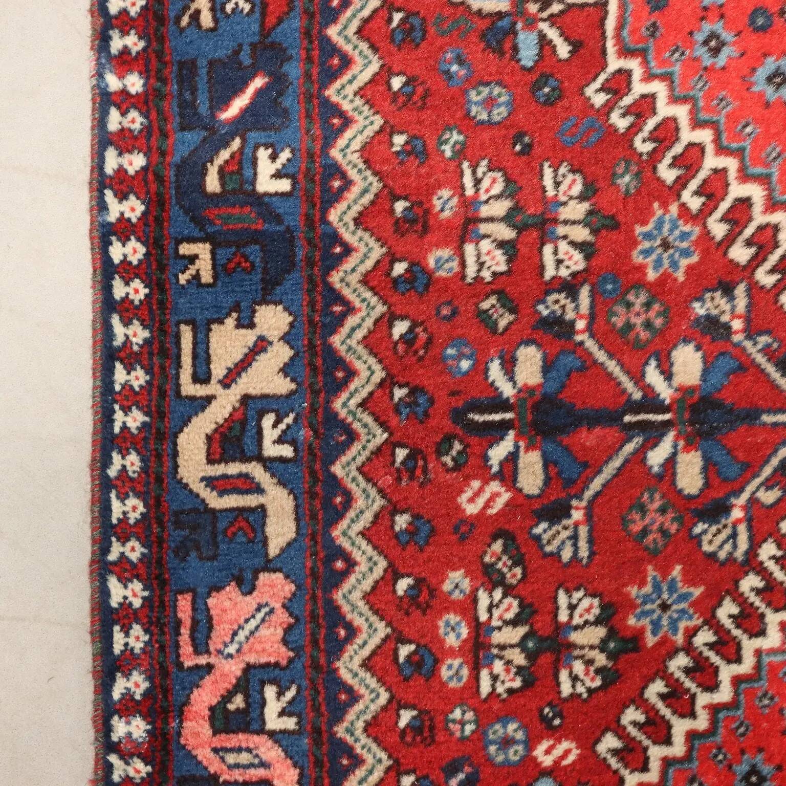 Ancient Asian wool rug, hand-knotted, 79 x 34 in.