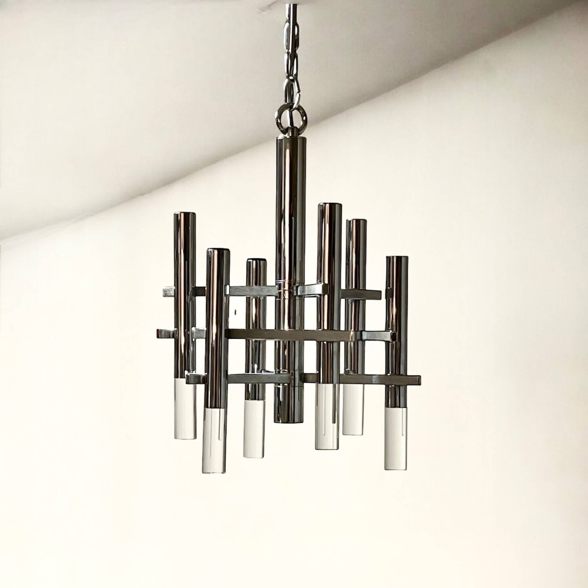 Large 70s Pendant Lamp in Chrome Metal and Perspex by Sciolari