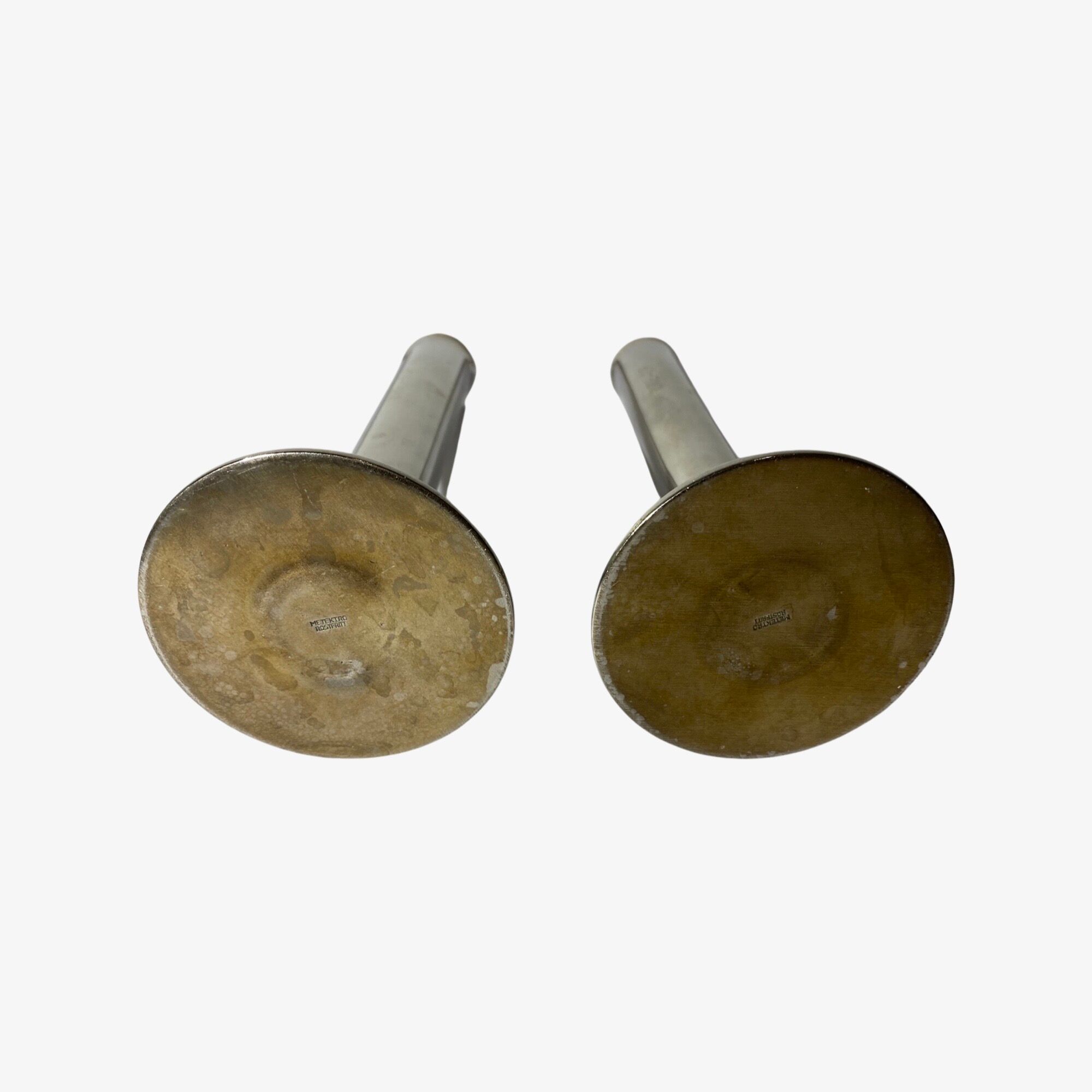 2 swedish vintage candlestick holders made in sweden, metektro rostfritt øre-op | stainless steel