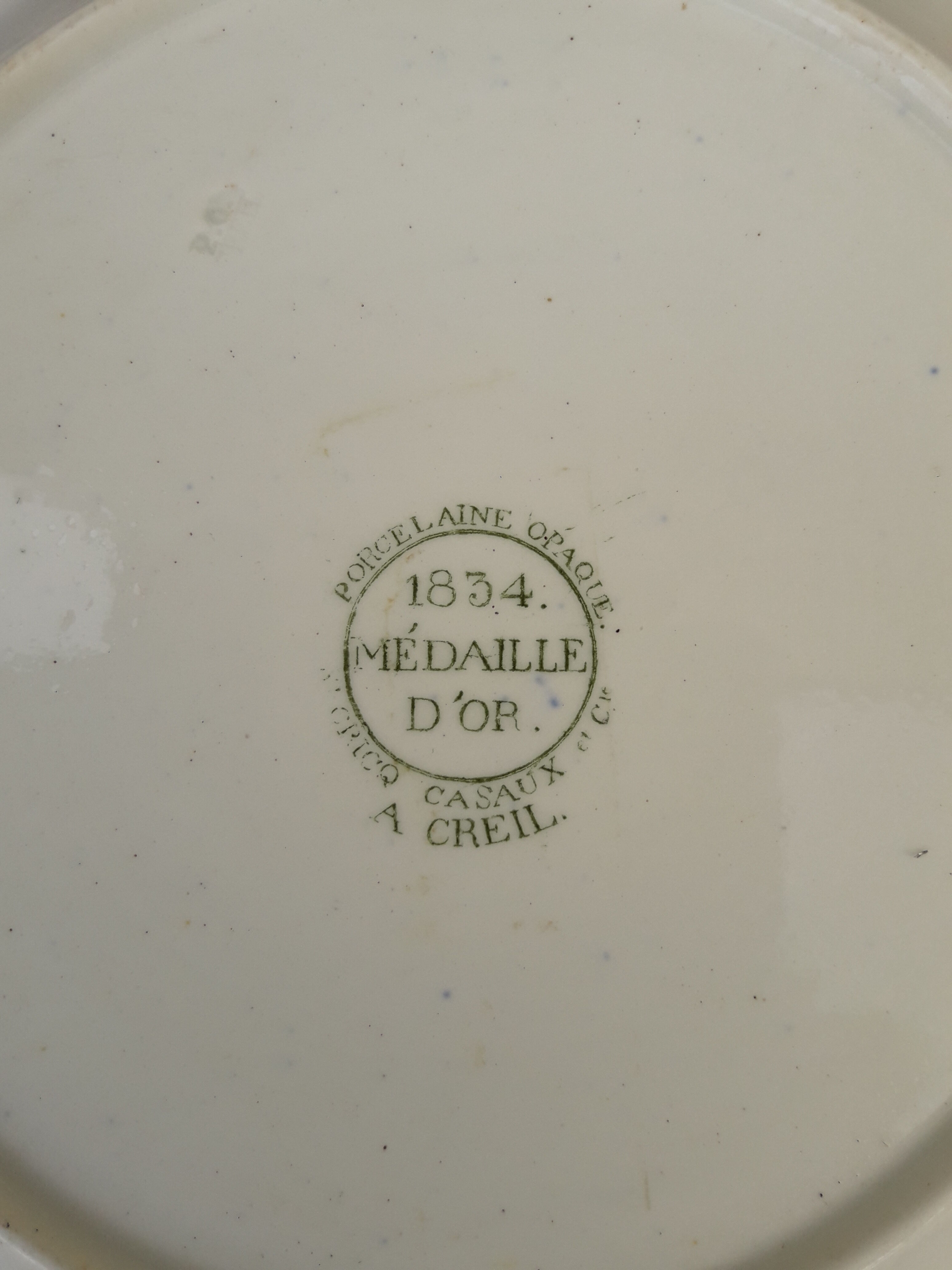 2 plates in opaque porcelain by Creil Sté Cricq Casaux and Co. gold medal 1834