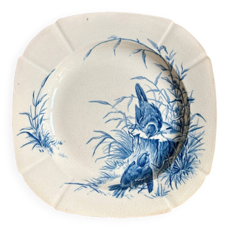 Blue ironstone hollow plate from Gien, "Birds" service circa 1870 no. 5