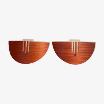 Pair of vintage thermoformed wood and sandblasted glass sconces, Lucid, France, 1980