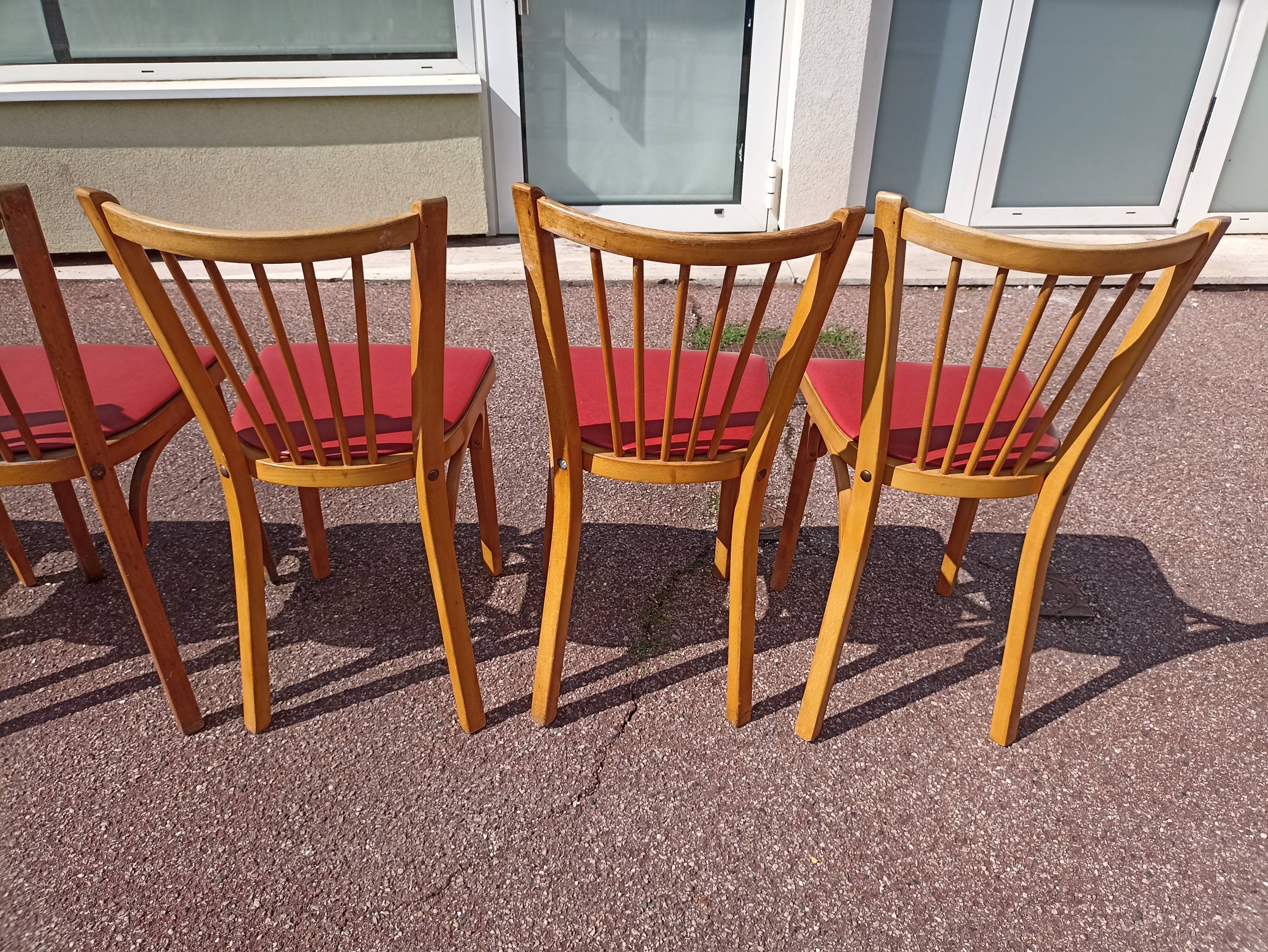 6 baumann bistro chairs wood and skaï red - vintage