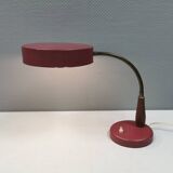 Table lamp in aubergine coloured metal, brass bend and teak wood 1960-70s