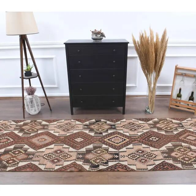 Vintage Turkish Handmade Wool Cotton Brown Kilim Runner 103x424