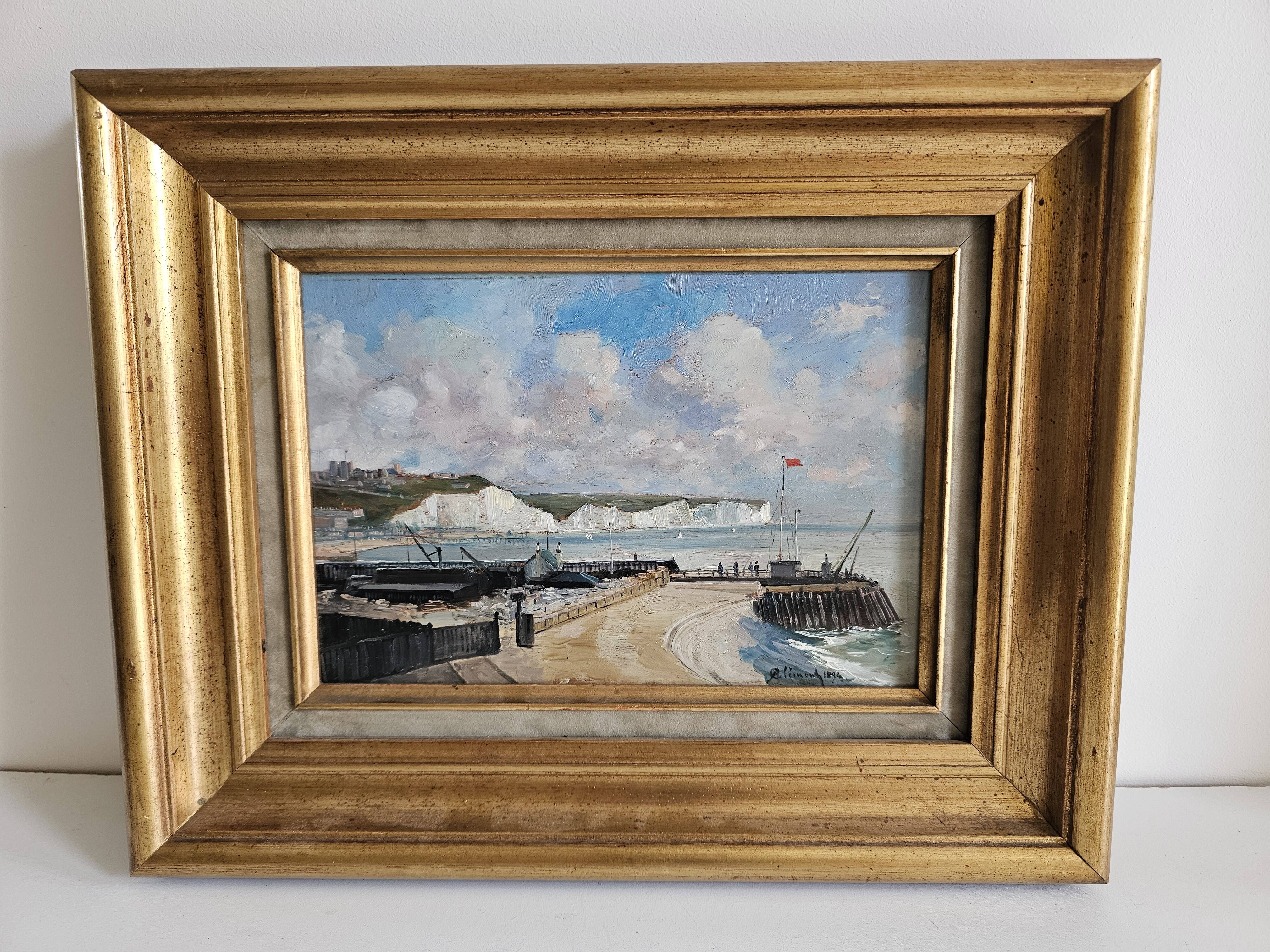Oil Painting on Wood - Marine Seaside Cliffs of Dover signed Clémond?
