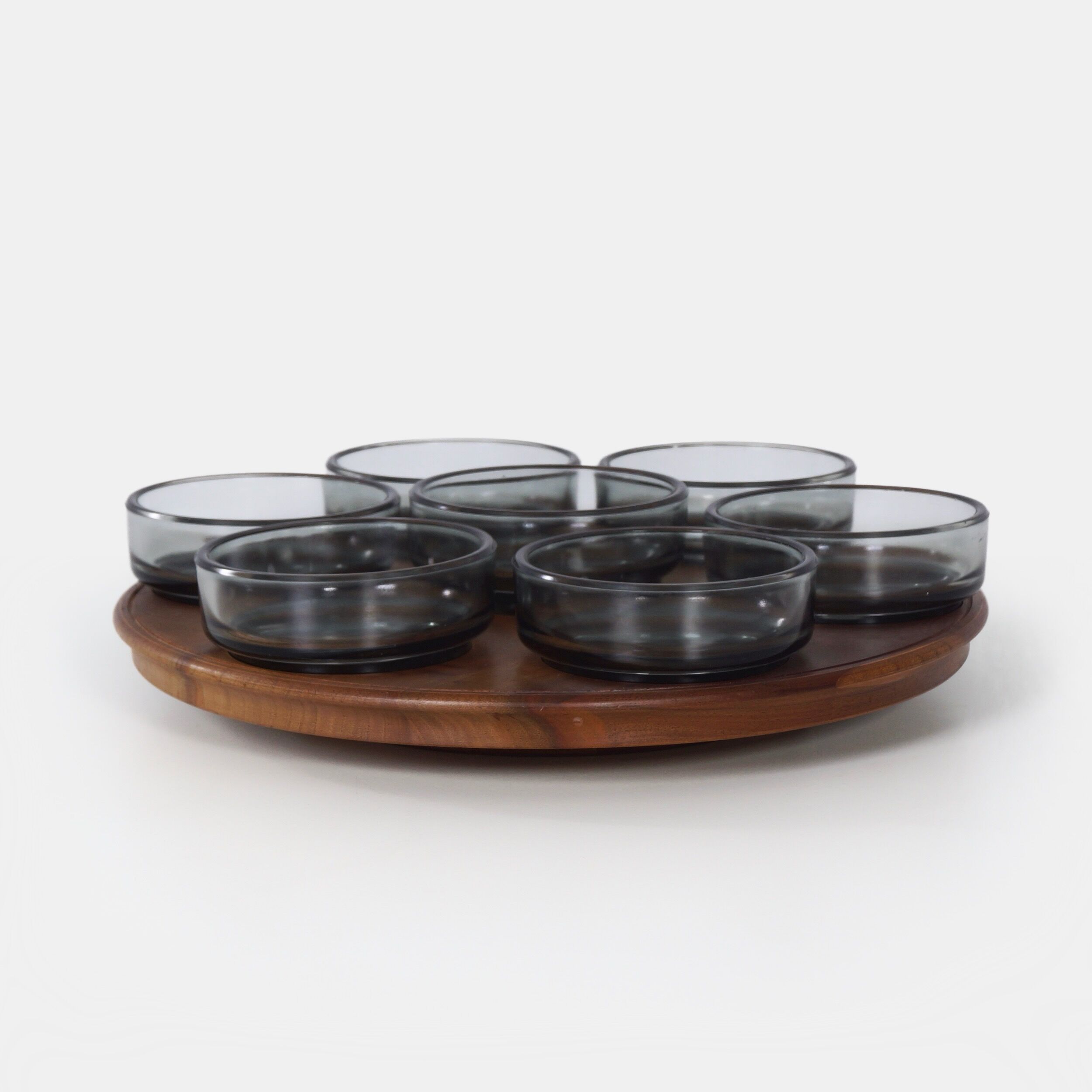 Vintage teak Lazy Susan with 7 glass bowls, 1960s