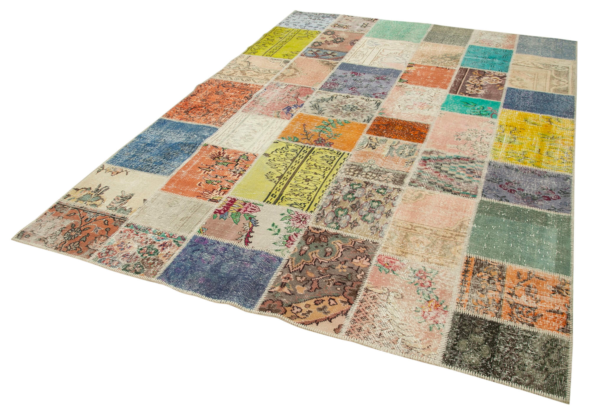 Handmade anatolian overdyed 206 cm x 297 cm multicolor patchwork carpet