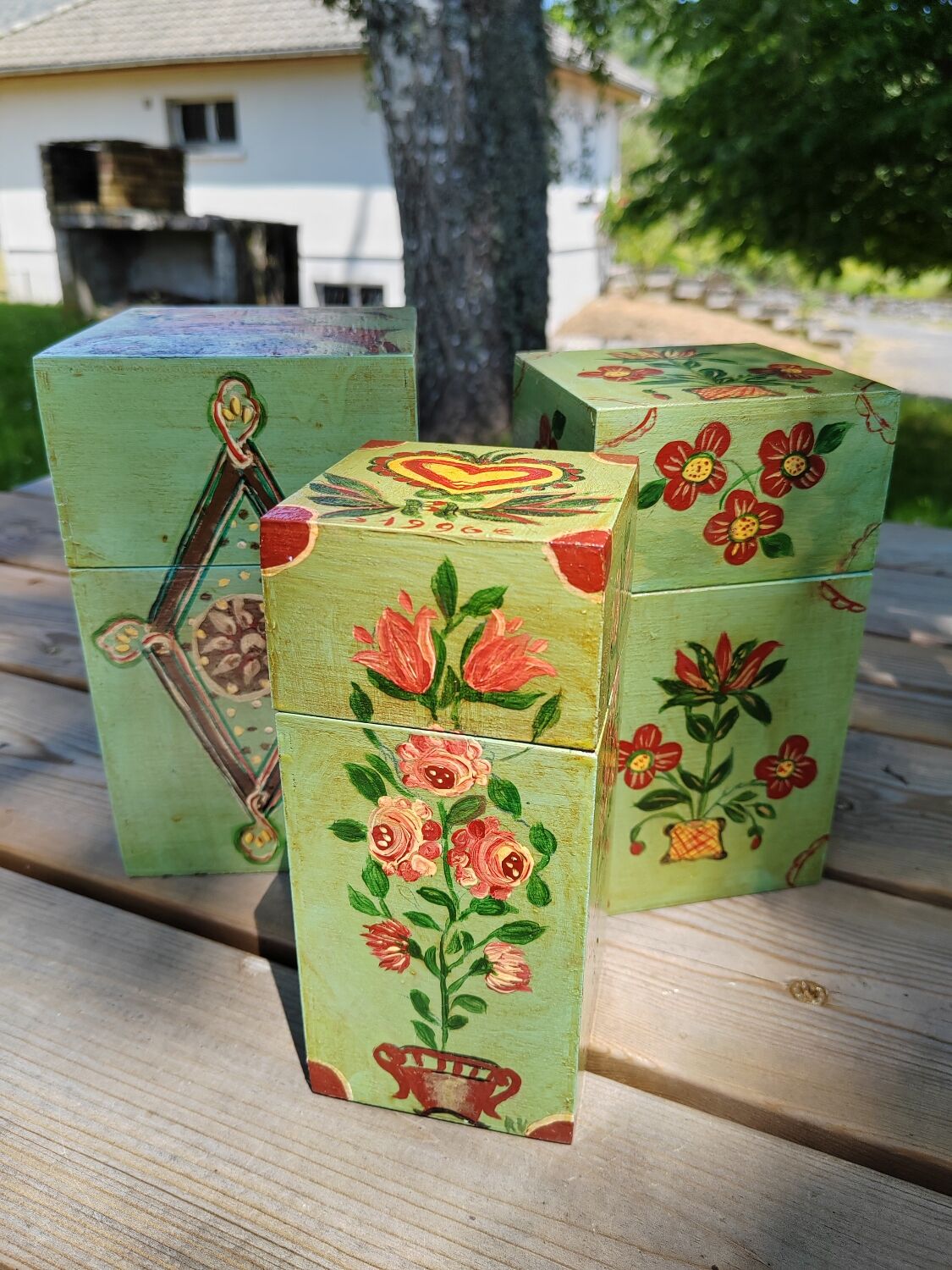 Hand-painted nesting boxes in the 90s