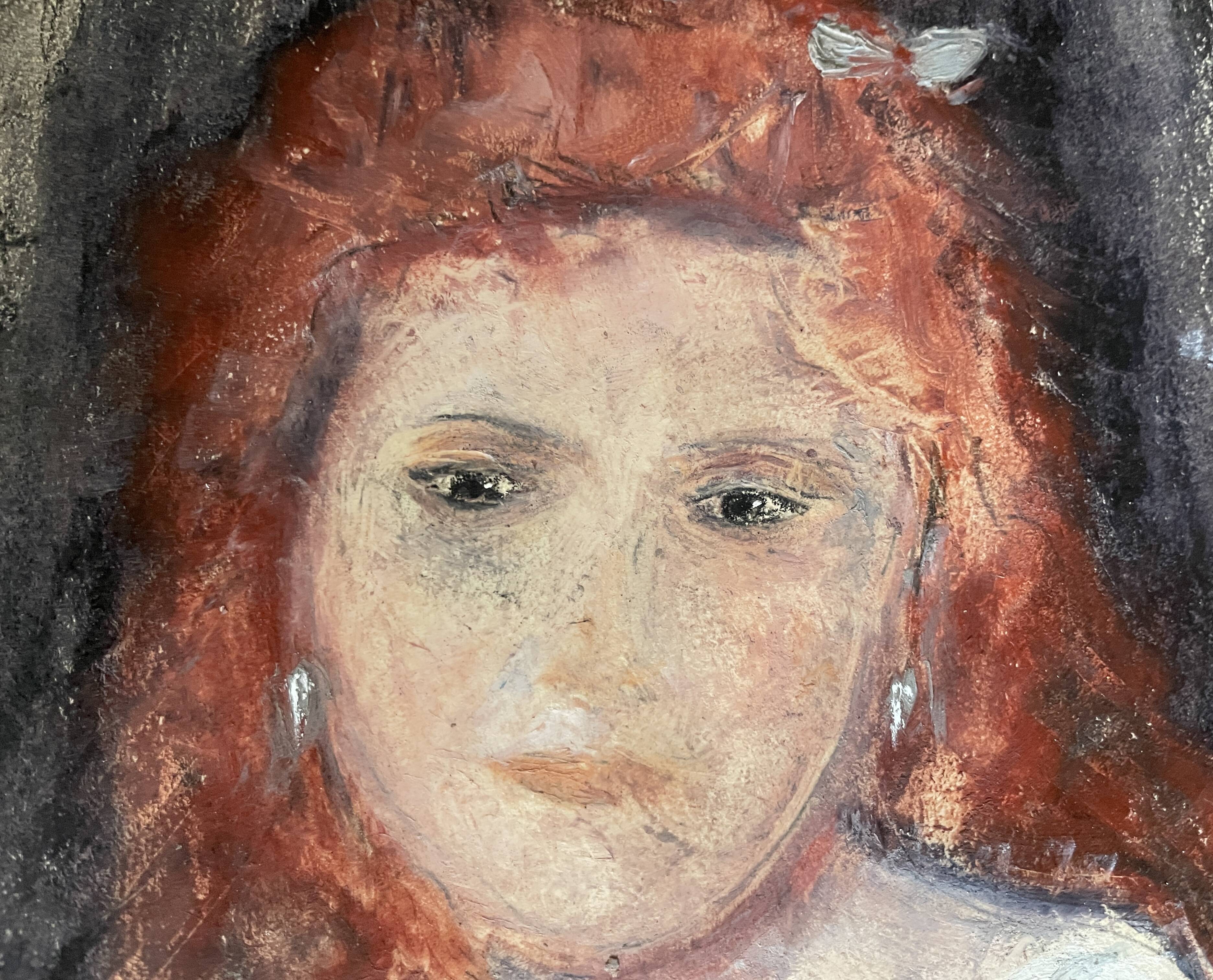 Tableau pastel signé portrait femme rousse