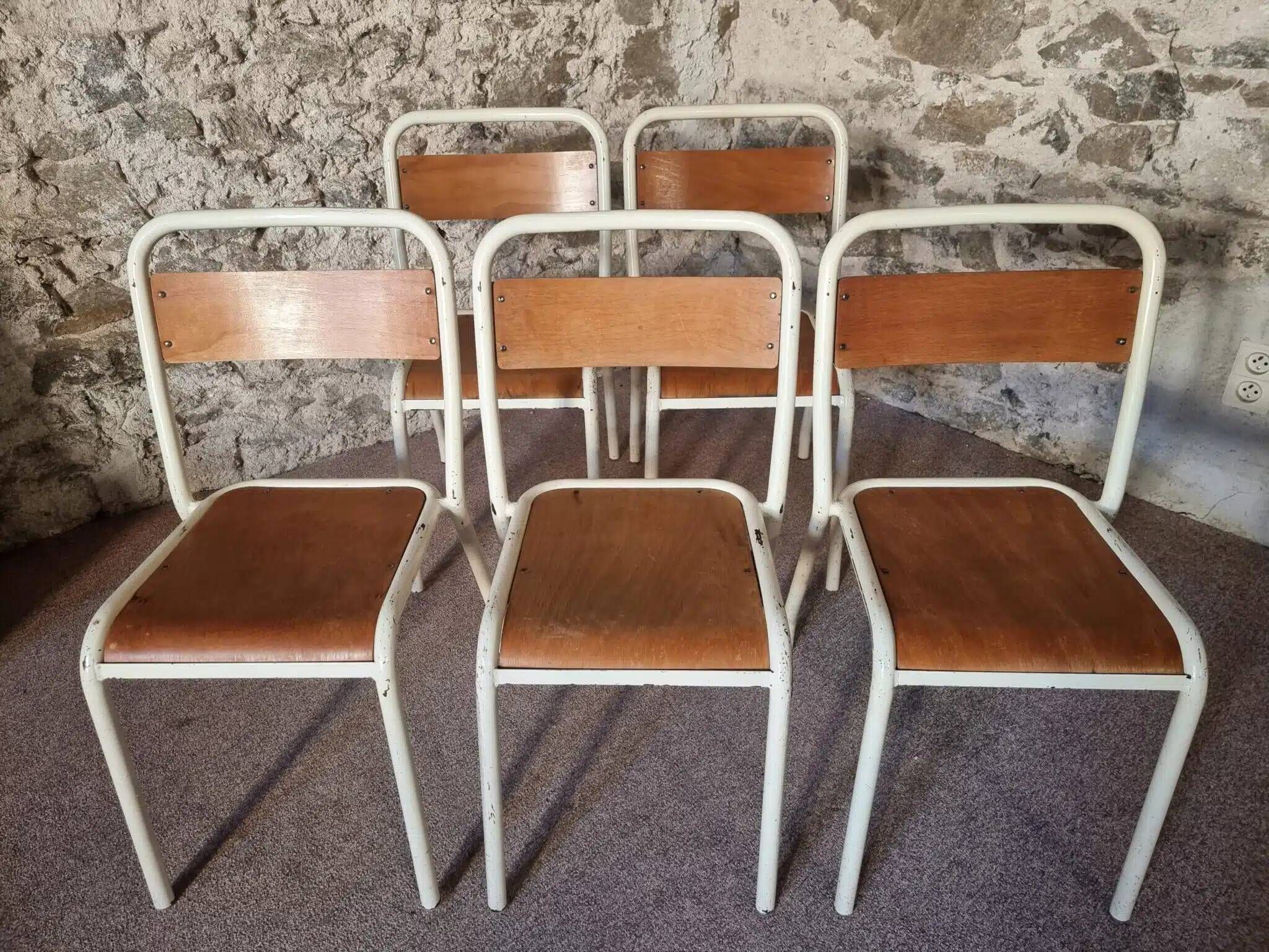 Vintage French school chairs – 1960s industrial cafe seats (set of 5)