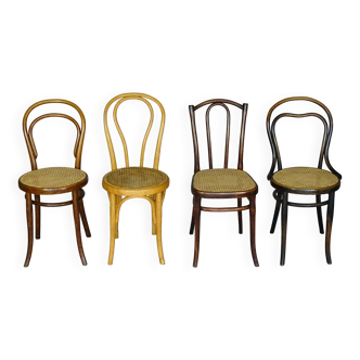 4 chaises bistrot dépareillées en bois et cannage, Thonet, Horgen vers 1910