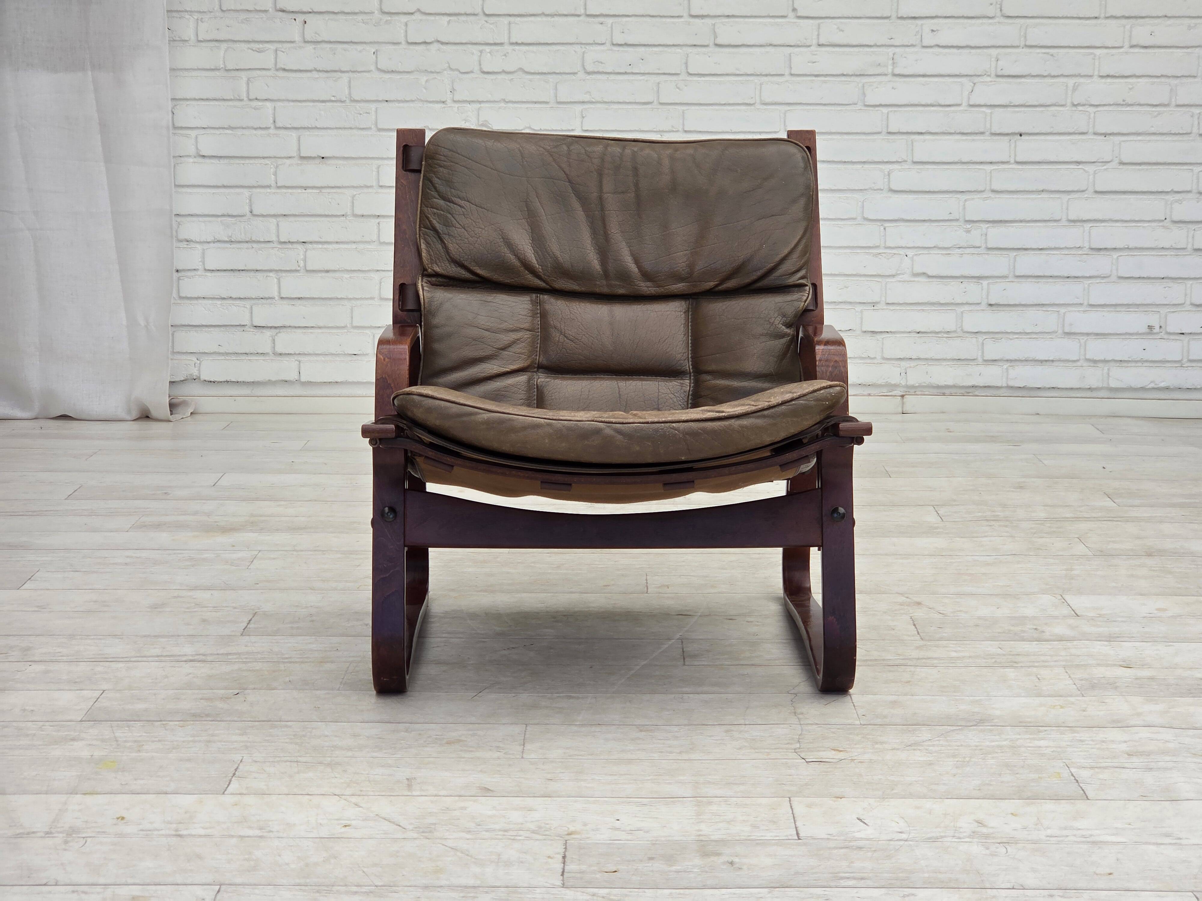 1970s, Norwegian lounge chair, brown furniture leather.