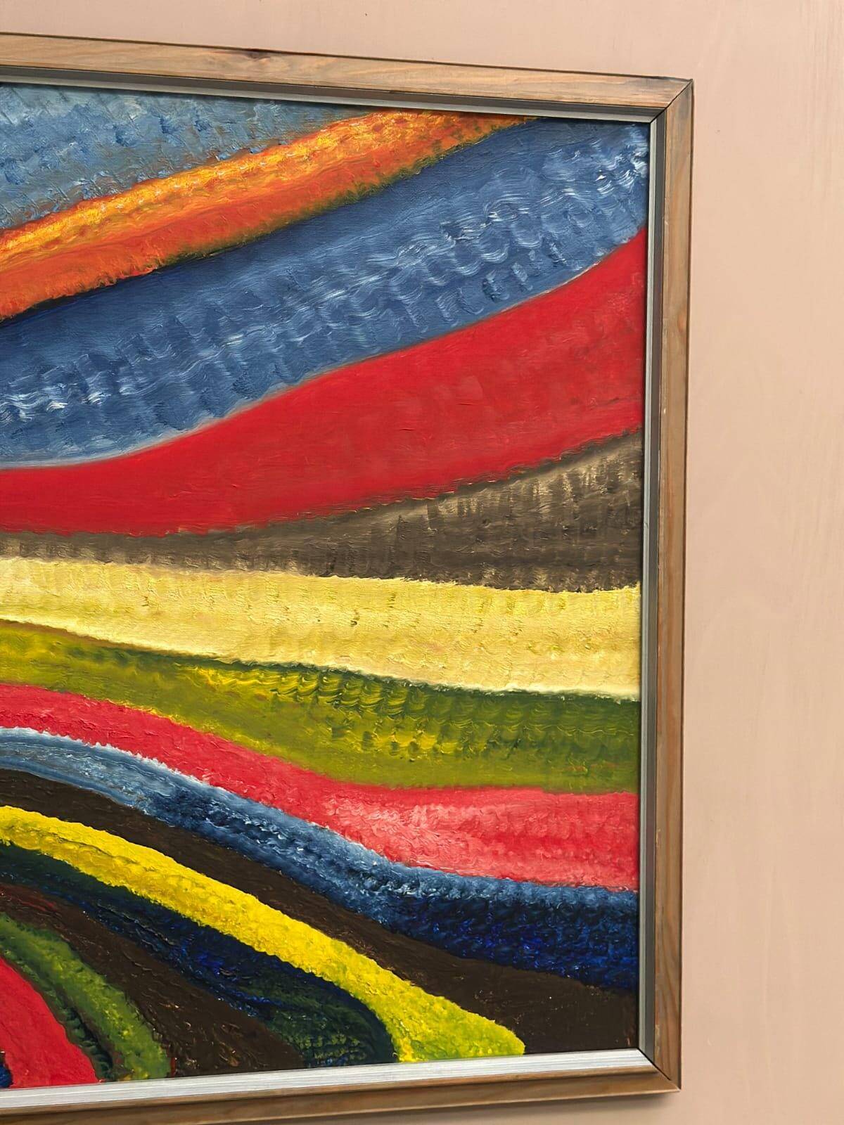 Huile sur toile originale suédoise – 'Fantasia/Färg' par R.C. Reyes – Datée de 1990 (au verso) – Vintage et encadrée – 67 x 67 cm (26,3" × 26,3")