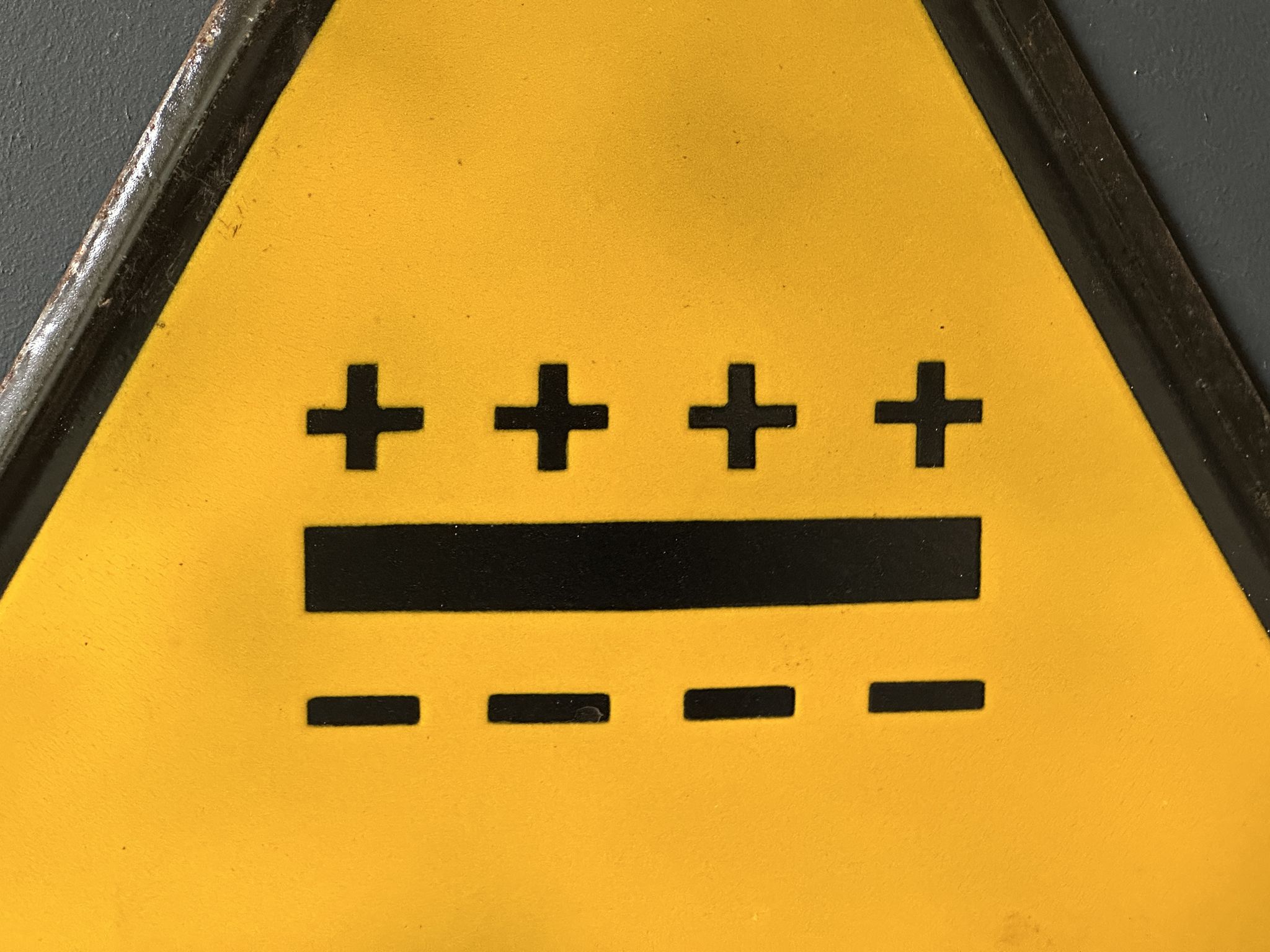 Battery yellow warning sign vintage european 1980's industrial big enamel