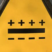 Battery yellow warning sign vintage european 1980's industrial big enamel