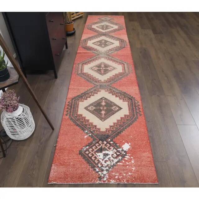 Vintage Turkish Hand-Knotted Red Runner Rug 83x380