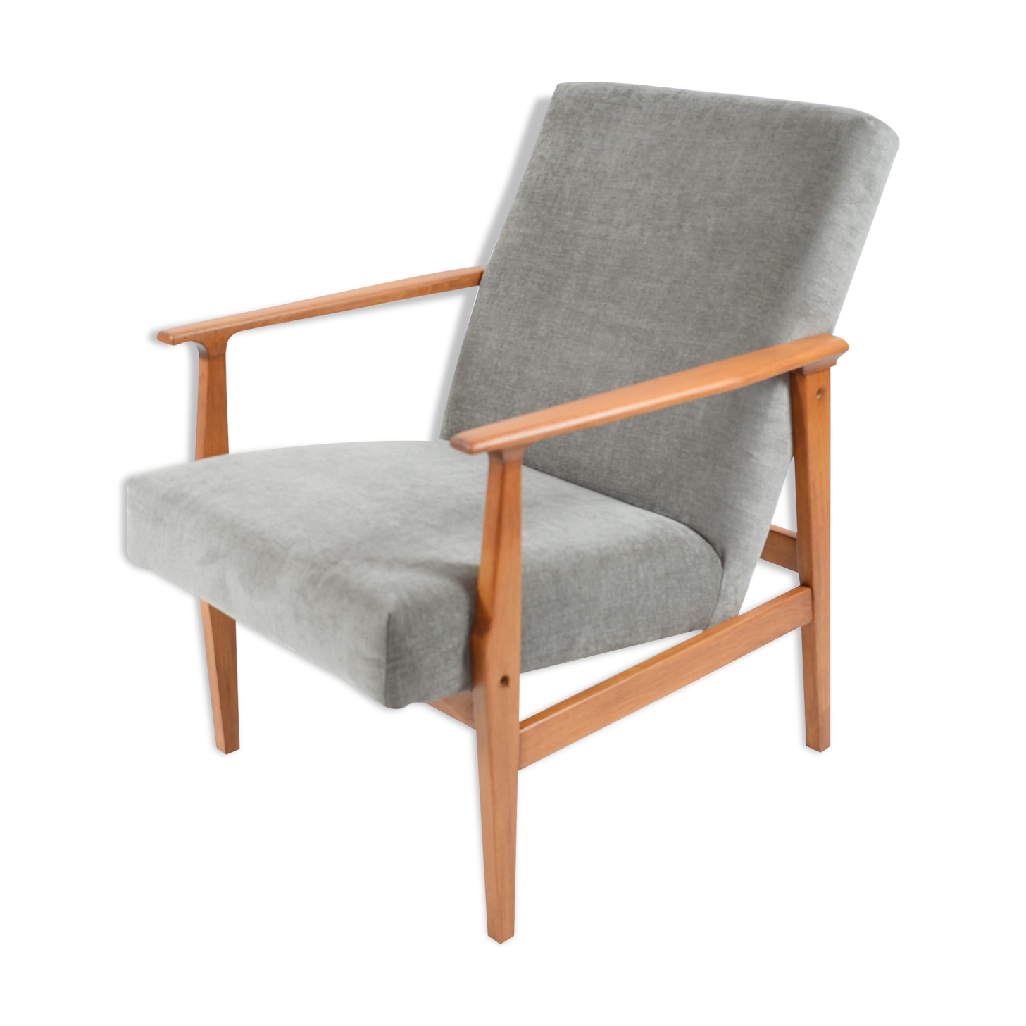 Vintage polish armchair, restored, 1960s, grey fabric, teak